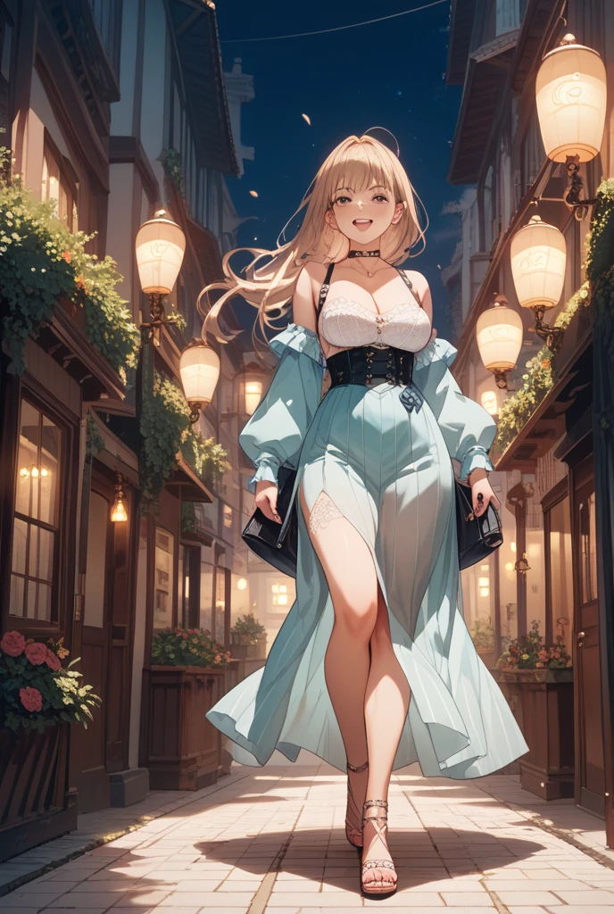 A woman with big ,Beautiful princess,Long blond hair,Exquisite,((transparent)),(Super short)Nightdress,Cleavage,Slim waist,pubic,blush,on the street,