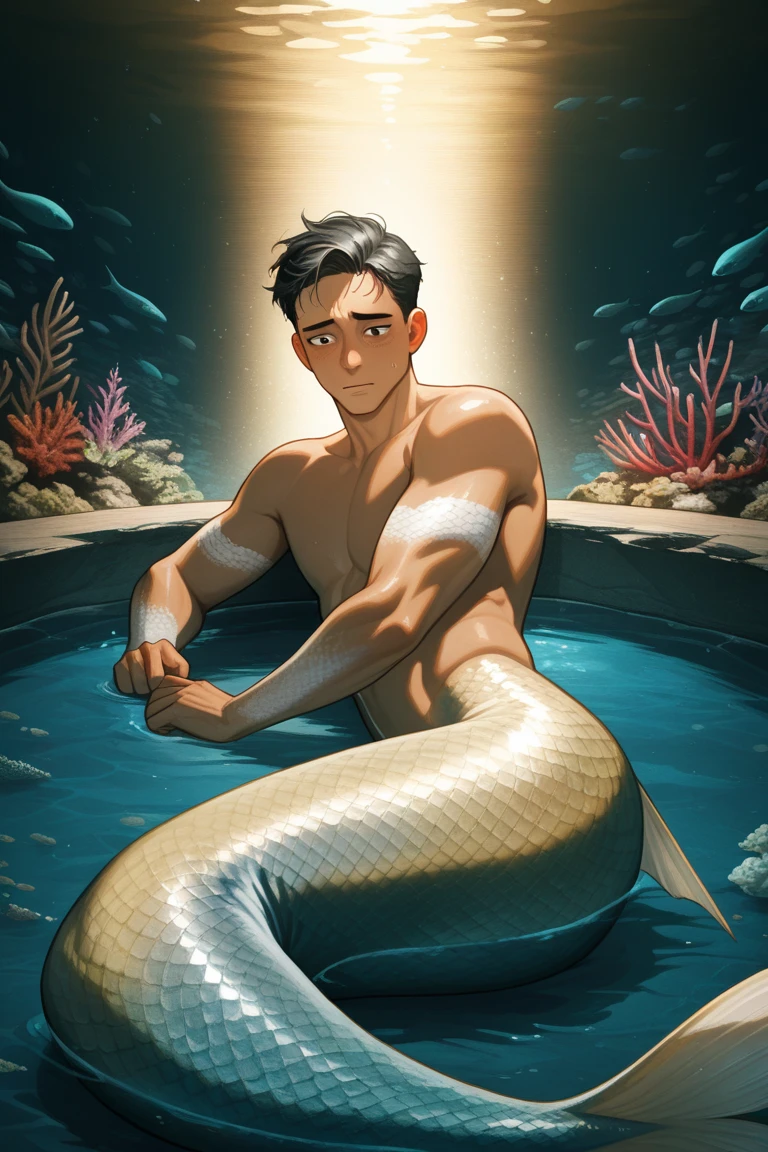 (8K, RAW photo, Highest quality), (full-body shot:1.3), (blue eyes:1.6), (18 years old:1.5), white pale skin, (prince eric from the little mermaid:1.6),(prince_eric:1.5)(short hair:1.6), (dark brown hair:1.5), (wavy hair:1.3), (ocean:1.5), (costline:1.5), Realistic, (((1 perfect :1.3))), 1 amazing , (((1 nice :1.2))), 1 beautiful , 1 great , 1 male , male scrotum, perfect scrotum, male structure, male genitalia,, handsome man,frontage, Intricate details, Extremely detailed eyes and eyelashes, Muscular male, Manly, masculine, Soft lighting, Cinematic lighting, Portrait, Exposing the pectoral muscles, male model, muscular, ripped, defined body, Digital SLR, hyper qualit, Fujifilm XT3, Crystal clear, 8K UHD, High detail, Ultra photo realsisim, haar, ((Realistic skin), ((pores)), ((high detail skin)), volumettic light, groin, far, complex 3D visualization, high detail, 1 handsome young man (nsfw) looking at the viewer (Pureerosface_V 1:0.6), pure, genuine human skin , (bare chest), muscles, vivid details, hyperrealistic, beautiful background, octane rendering, best quality, masterpiece, extremely detailed, computer graphics, unity, wallpapers (realistic, photorealistic: 1.37), (((anatomically correct:1.4))), stunning, fine details, masterpiece, best quality, official art, extremely detailed CG unity 8k wallpaperull Body))), ((Correct body structure)), (((Correct dissection))), (((Depth of field:1.5))), detailed, smooth muscles, cock, thick genital