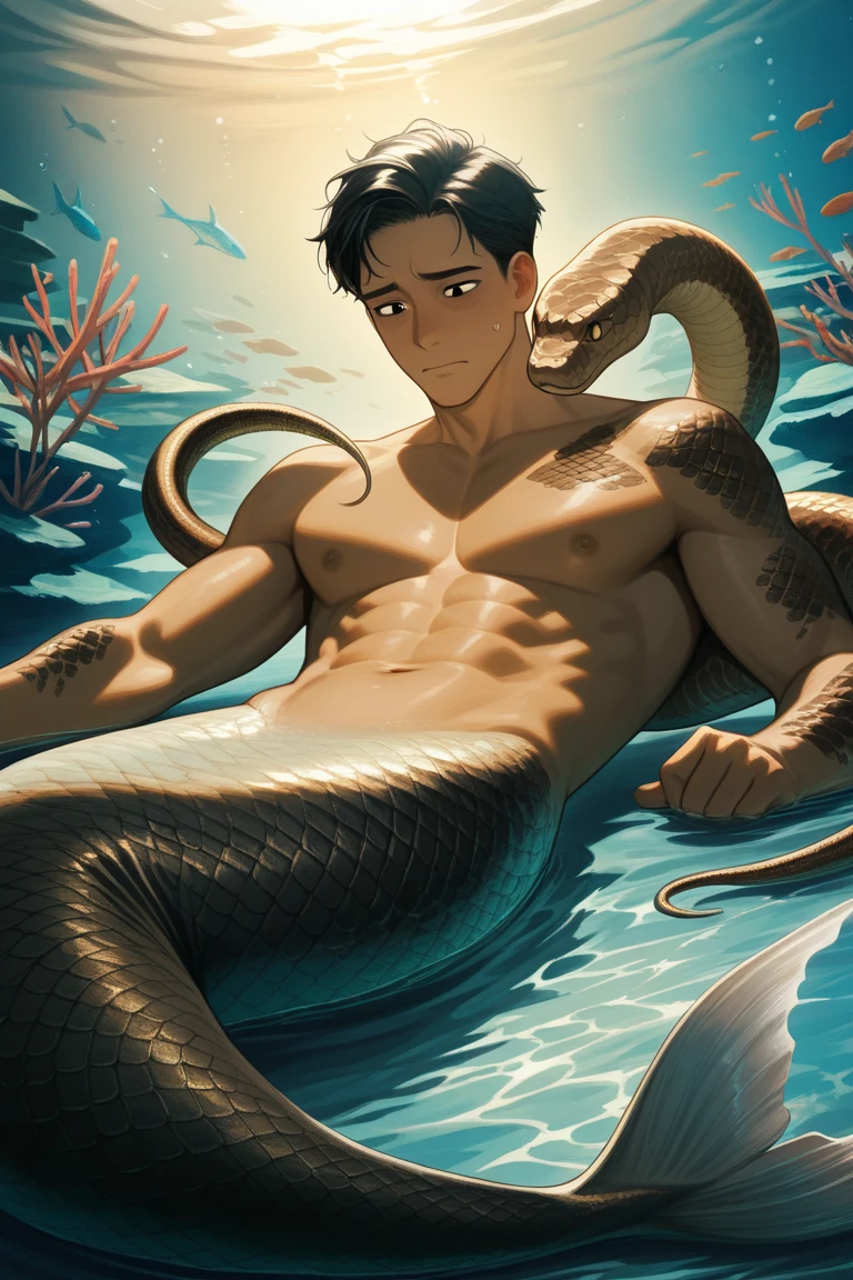 beautiful young man 18 years old, ideal build, round soft buttocks, naked, looking at himself in the lake, the hero of the Greek myth Narcissus ((((surrounded by giant  wriggling wet penises, phalluses, dicks))), watercolor in the style of Caravaggio