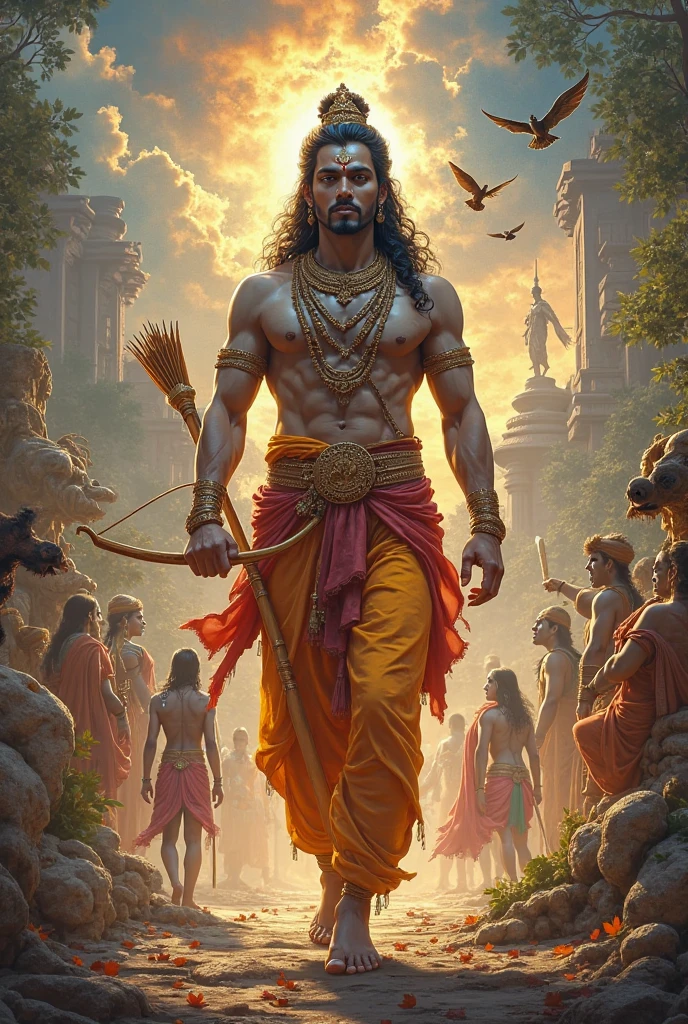 Create a nice beautiful attractive picture of lord Rama take the details from the ramayan