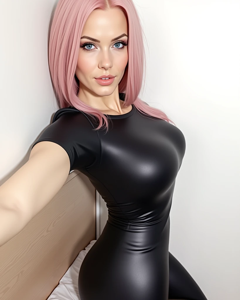 1girl, italian 23 years girl, smileing, happy, big smaile pink hair, brown green eyes,brown green eyes, biting lower lip, dressed, no nude, no showing boobs, full dressed, completly dressed,looking at camera, sexy shiny black latex dress, realistic lips, lip biting pose, half body, in a room, background of a room, medium small boobies, looking into a camera, full body photo very cute face, very realistic skin textures, very realistic background, hight detailed, hight texturized, very realistic shadows, natural lights, 8k , hight quality, masterpiece, photorealistic