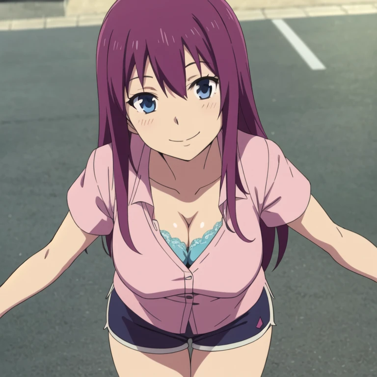 1girl,alone,ouka makuzawa,masterpiece,good lighting,looking at viewer,best quality,high resolution,Ultra detailed,detailed eyes,smooth smooth skin,light skin,long hair,magenta hair,braid,purple eyes,shorts , bare abdomen, exposed navel, sports bra, cleavage, bare shoulders, bicycle shorts, large breasts, medium waist, wide hips, medium thighs, curvy body, dynamic pose, cowboy shot, smile, open mouth, ((1girl )),(solo), standing, cowboy shot, looking forward ,((focus on breasts )),pov(from middle),park, japanese park,cherry trees,outdoors, running, wind, sweat , perfect anatomy, perfect hands