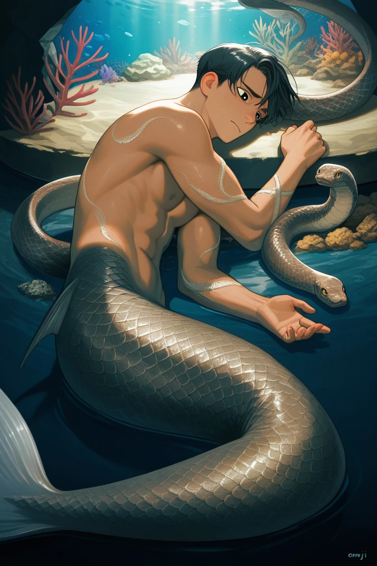 man, rubio, with the lower half of the body of a fish or eel, anime style, handsome and posing in the sea, posing on a rock, no muscles, the androgynous face.