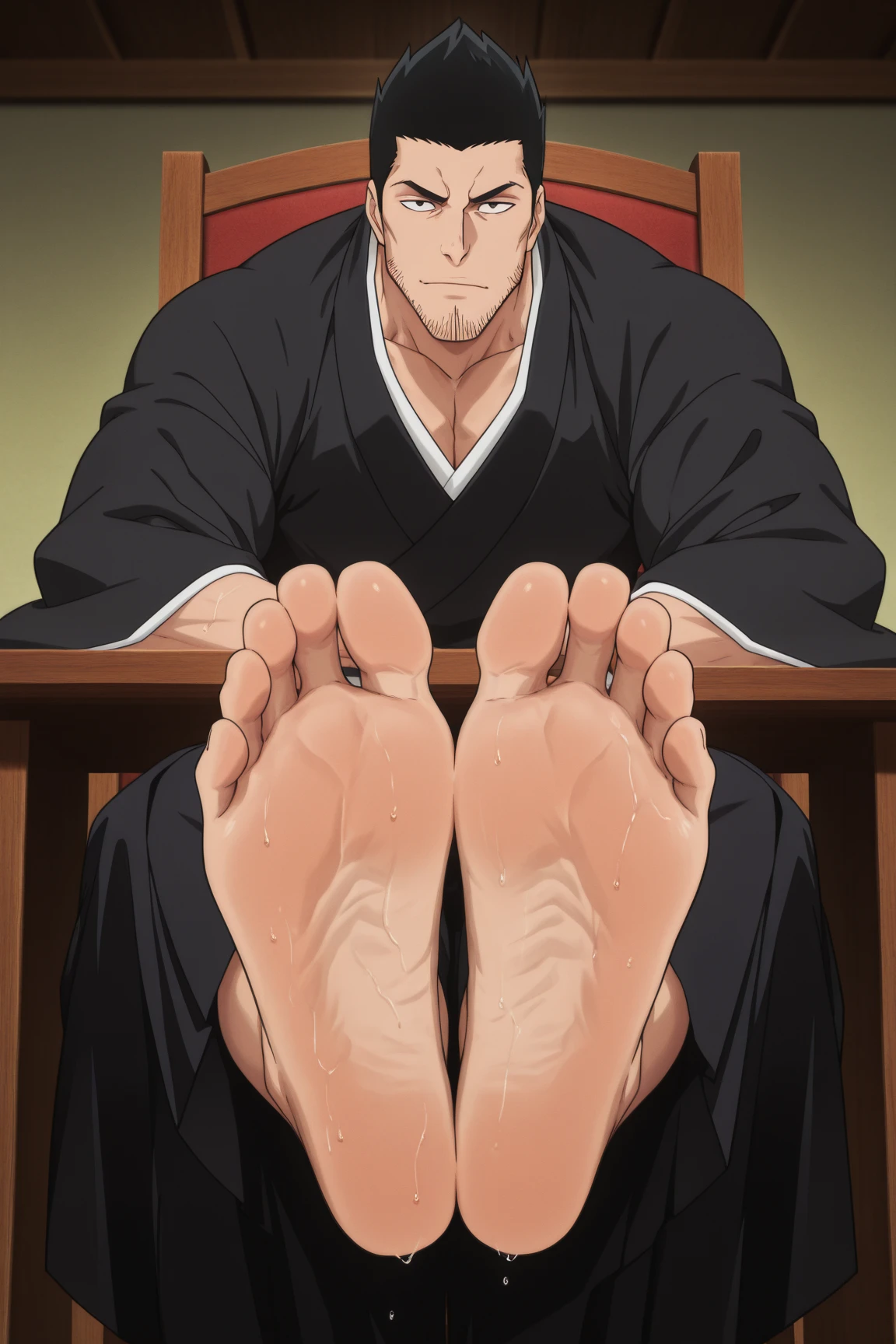 masterpiece, best quality, , anime screencap, anime coloring, official style, , 1boy, solo, male focus,  isshin_kurosaki, black hair, black eyes, short hair, spiked hair, facial hair, stubble, beard, black hakama, black kimono, mature face, the soles of his feet are flushed, anime_source, score_9, score_8_up, score_7_up, 1man, looking at viewer, depth of field, bare feet focus, masterpiece, best quality, anime screencap, anime coloring, , looking at viewer, 1boy, solo, male focus, medium full shot, evil expression.muscular_male.evil expression.muscular, toned_male, toned, muscular_male.whole body. masterpiece,best quality,amazing quality,very aesthetic,high resolution,ultra-detailed,absurdres,newest, character is displaying his sweaty bare feet (soles) towards us propped up on a desk in front of us while he is sitting in a chair. His sweaty bare feet are close to us (focusing on his soles)(close up on soles)

anime screencap, masterpiece, best quality, amazing quality, very aesthetic, official style,
1boy, solo, , barefoot, he is adult
 ,official style, barefoot, foot focus, looking at viewer, Alone, anime coloring, Perfect feet，Anatomically correct，soles，Focal length 35mm, Five toes，front，Symmetrical Soles,
sitting with his feet prominently displayed toward the viewer, He is barefoot, and the soles of his feet are the central focus of the image, appearing close-up.High Resolution, Best Quality, Accurate, no extra toes,

Description feet: large feet, a bit caloused but gorgeous, anatomically correct and smooth.