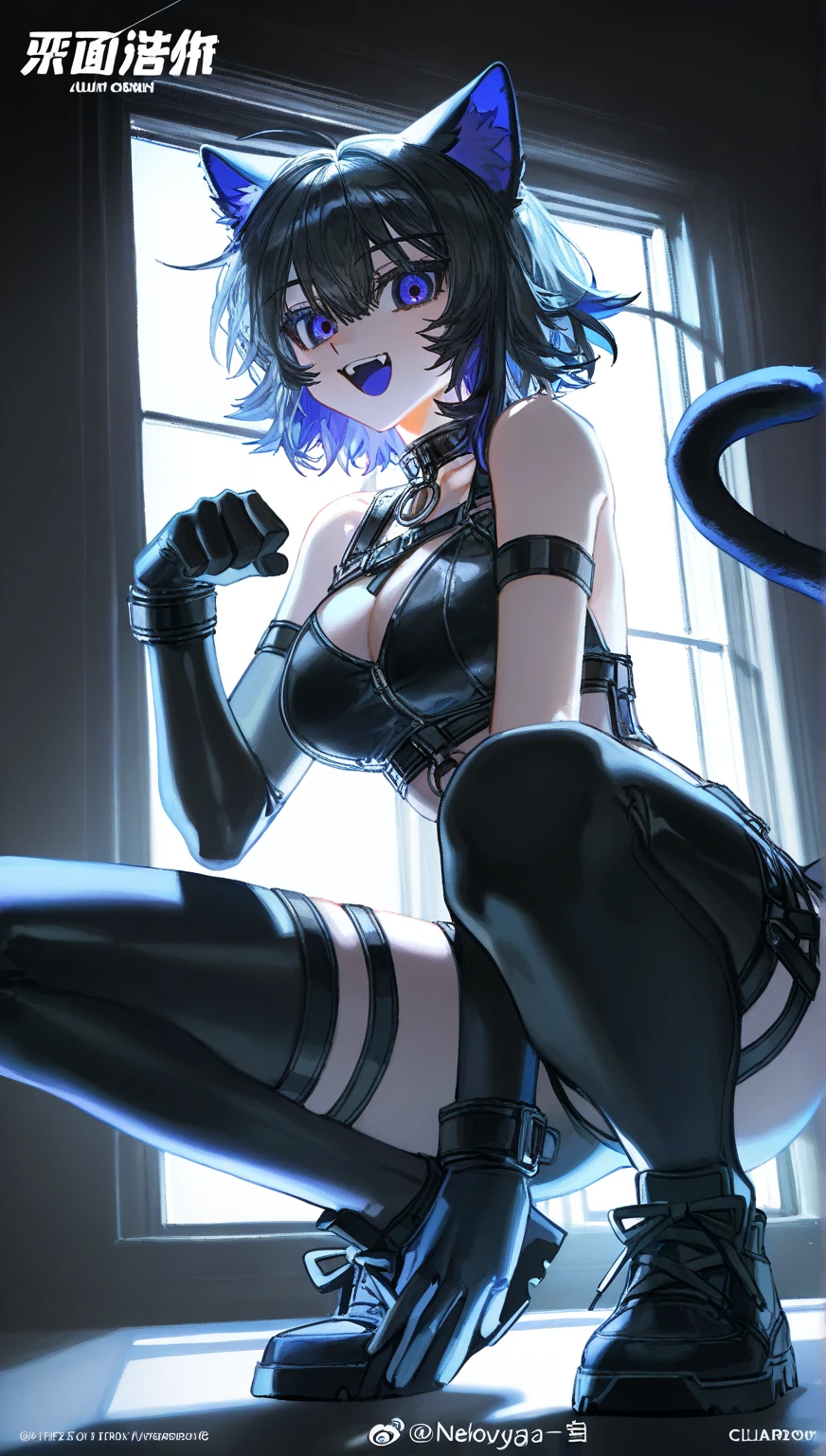 (masterpiece, best quality), short blue hair, girl in a tight see-through glittery lingerie, cat ears, cat tail, collar, sexy dress, very sexy outfit, sexy outfit, see through dress, succubus in tight short dress, short dress, sexy look, skintight dress, wearing in stocking, skintight black clothes, tight attire