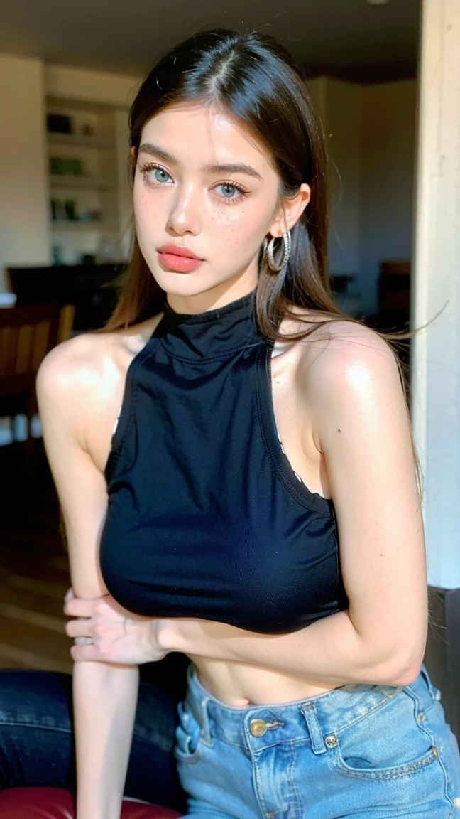 (a detailed portrait RAW photo of a gorgeous beautiful ((German)) , realistic, solo, side view, POV, looking in camera, intense stare, (masterpiece),(photorealistic:1.3), nfsw, ultra-detailed, (high detailed skin:1.2),(best quality:1.0), (ultra highres:1.0), fit, back light, slim, beautiful, Wearing military tank top, black pencil skirt, revealing clothing, red and black, long hair, messy hair, 2 strands of hair tendrils, bangs, Captured from an above view angle, The scene set in a city. Best quality, 4k, Masterpiece :1.3), pretty woman, 1girl, ( large breasts, cleavage attractive body :1.2), abs :1.1, red brown hair: 1.1, makeup, black eyeshadow, black eyeliner, black mascara, red blush, ultra-detailed face, detailed lips, mouth closed, red lipstick, detailed eyes, green eyes, double eyelid, squatting pose, sneaking