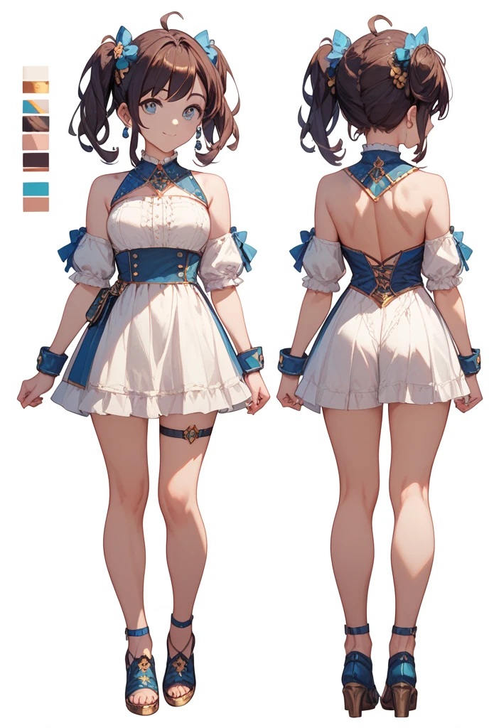 1girl, reference sheet, matching outfit, (fantasy character design, front angles, side angles, rear angles) young woman, warm smile, expressive eyes, chestnut hair, reddish eyes, gentle waves, simple and elegant colored sundress, graceful flow with every step, lightweight and comfortable fabric, perfect for relaxing by the water, adorned with delicate water ripple patterns, thin woven belt cinching the waist, attractive swimsuit, swim clothing, swim dress, friendly and approachable demeanor, hands show signs of hard work, modest charm. (masterpiece:1.2), (best quality:1.3)