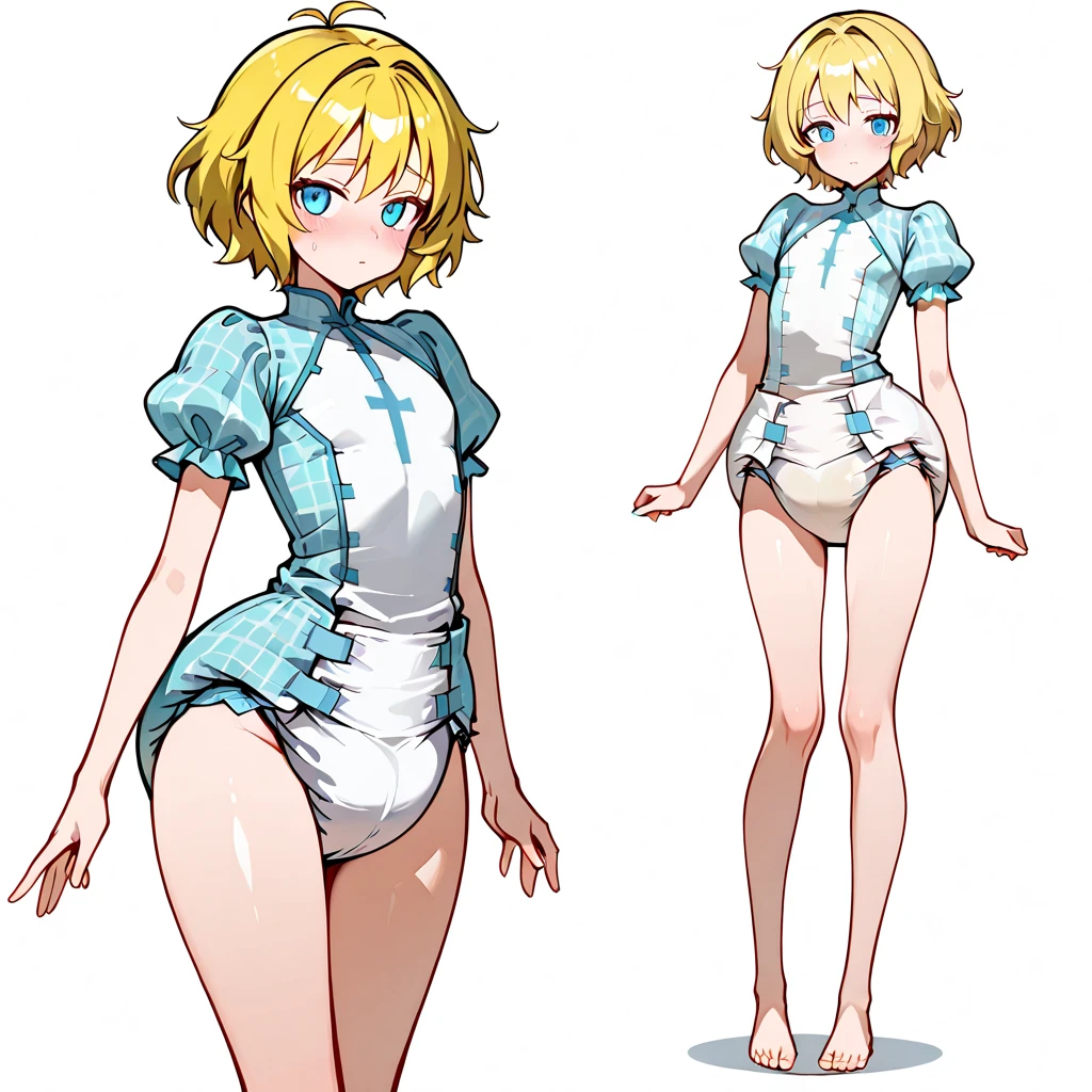 <lora:wasu:1>, pepako, person holding a paper cut doll, 1girl, alternate breast size, aqua eyes, armband, ass, back, bangs, bare back, bare shoulders, blush, breasts, clenched hand, coat, collarbone, dakimakura \(medium\), eyebrows, eyebrows visible through hair, feet, hair ornament, hairband, head tilt, headband, knees together feet apart, long hair, looking at viewer, low twintails, lying, on bed, on stomach, open mouth, parted bangs, platinum blonde hair, sidelocks, swimsuit, swimwear, twintails