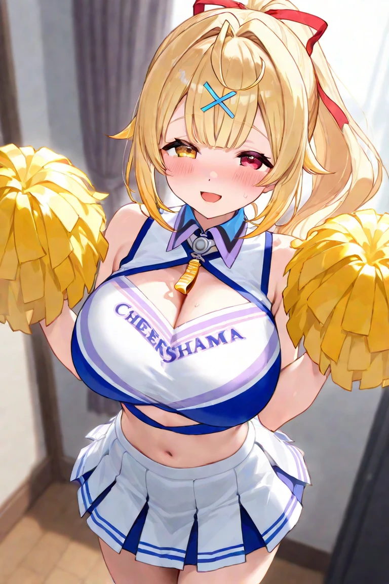 ((the best画質、the best、girl1名、Draw in detail))、((facing the frontいる、Are standing、pay attention to the face))、
(blonde hair、blonde、long hair、wavy hair、I took a hairstyle)、((black rabbit ears、big rabbit ears、long floppy rabbit ears、With rabbit ear headband、1 rabbit tail))、((light blue eyes、big breasts))、(smile)、
,sleeveless white cheerleader, I can see the bottom of the chest, I can see your belly button, under the chest piece, highest quality, Super detailed),girl,(邪悪なsmile),beautiful eyes, (sunlight),(キラキラshine肌:1.27628),(pick up the cheerleaders'pom pom.:1.2)(dancing:1.0)(cheerleader costume:1.2) (pleated skirt:1.0), underboob,long hair, (ground:1.0) ,court,facing the front, cowboy shot,looking at the viewer, dynamic angle,perfect anatomy,Lens flare,shine,sunlight,daytime,(No panties:1.2), No panties、(leaning forward、stick out your hips,focus on her waist,focus on her waist,open thighs、heart shaped eyes)