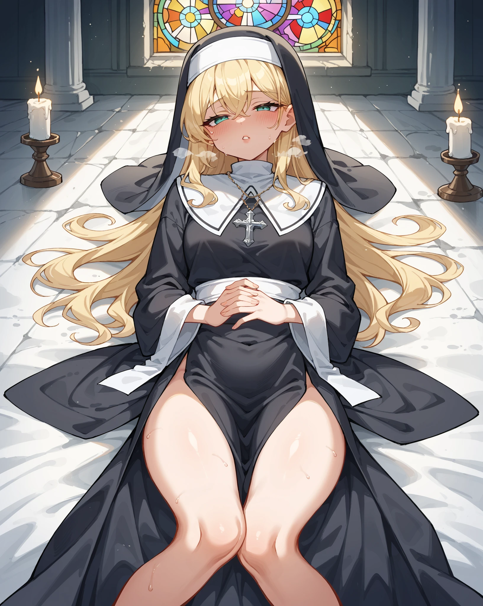 score_9, score_8_up, score_7_up, BREAK, <lora:kanankurisuv1:1>, kanankurisu, blonde hair, blue eyes, long hair, wavy hair, small breasts, kneeling, church, traditional nun, praying,