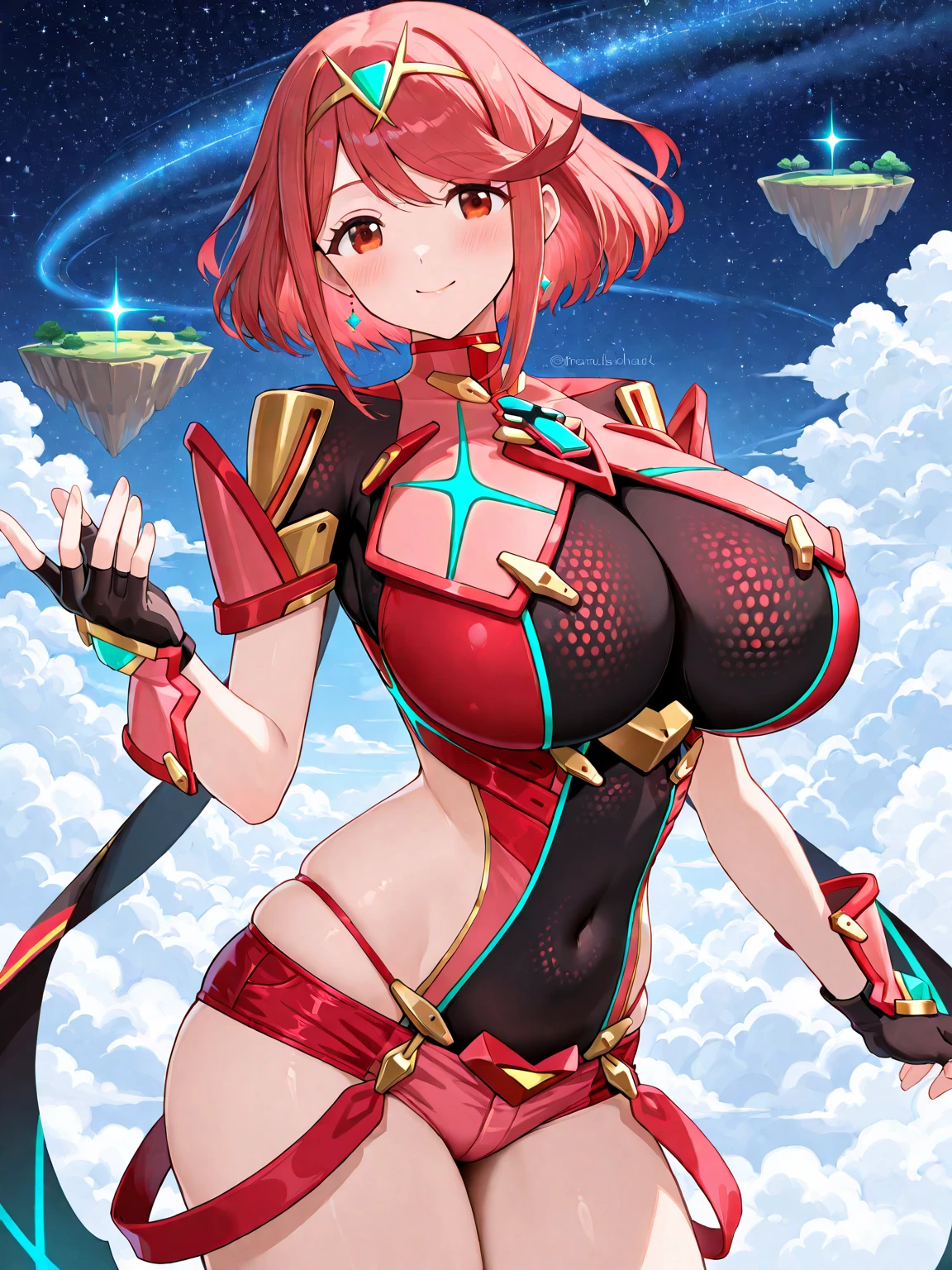pyra \(xenoblade\), teen_1girl, loli, bangs, black gloves, breasts, red eyes, shout, earrings, eyelashes, fingerless gloves, floating hair, , gem, gloves, hair ornament, headpiece, jewelry, big_breasts, leaning back, swimsuit, neon trim, official art, pose, red hair, saitou masatsugu, short hair, sidelocks, skin tight, solo, swept bangs, thighhighs, tiara, fantasy_town_background, underbust, xenoblade chronicles \(series\), (xenoblade chronicles 2), (spread_legs:1.1), fire_effect,dynamic_pose,fighting,light_smile, (plump:1.1), big_ass,huge_sword, hold_large_sword_hilt, covered_nipples, covered_pussy, fists,ponytail,beautiful_fingers,(solo:1.1), bare_shoulder,(shoulder_naked:1.2)
