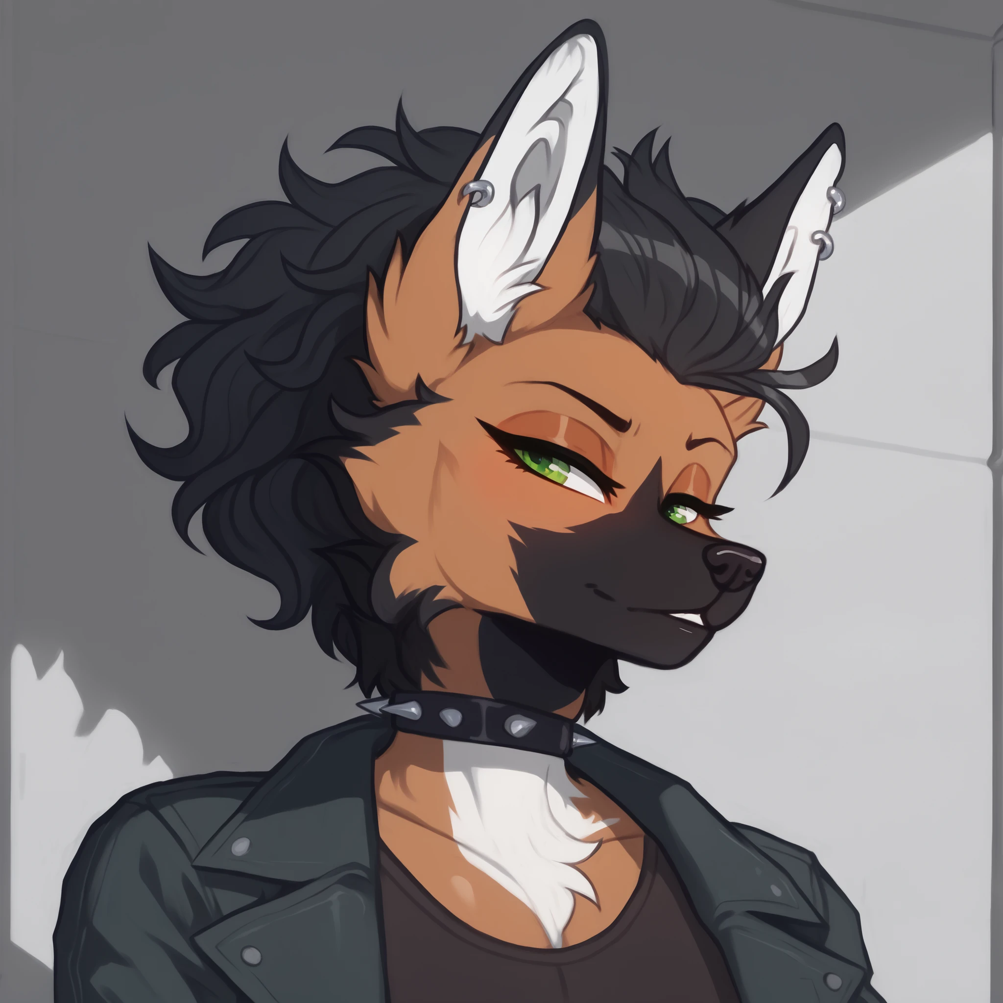 ((((maned wolf)))), male maned wolf, long eyelashes, masterpiece, best quality, amazing quality, very aesthetic, absurdres, newest, scenery, extreme detail, 8k, detailed eyes, dark green eyes, by Riolutiny, femboy, flat chest, neck tuft, solo, extremely detailed fur, wavy hair, black hair, (two-tone-body), (black plain T-shirt, (wearing baggy pants), wolf tail, curvaceous, dark pants, jacket, proporcional toned body, wide chest, calm pose, athletic, BREAK background is simple and muted, with a gradient effect and soft, neutral tones. black spiked choker, ear piercing,