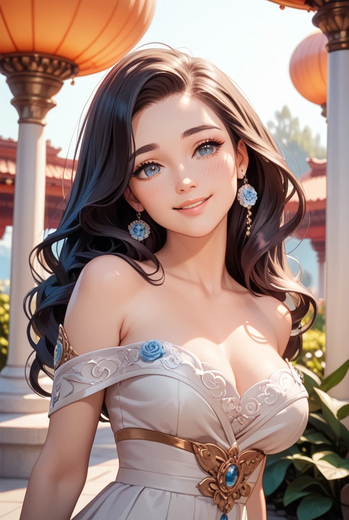 (best quality, ultra-detailed, photorealistic: 1.39), Face of naughty 19 year old teenager, bright and vibrant colors, studio lighting, romantic expression, Perfect medium breasts, red dress with white details, with strap around the neck, golden shine on the dress, elegant makeup, long black hair flowing in the wind, attractive eyes, lips bright, sexy pose, beautiful roses, smiling confidently and seductively, posing for a professional photo shoot, shallow depth of field, soft natural lighting, creating a dreamy and magical atmosphere, castle balcony, garden in the distance