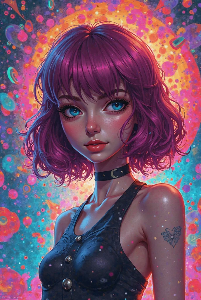 A beautiful teenage girl with short hair as green as strawberry leaves and a face as red as a strawberry, Eyes round like the moon colored purple, Wearing a dark, sparkling dress like galaxy