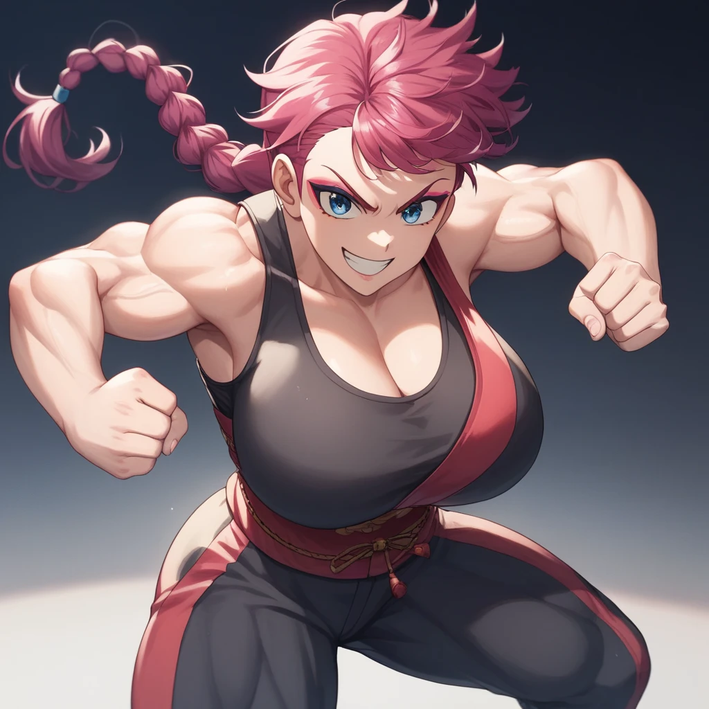 ((((Massive tall, beautiful, buff, light brown skinned muscular woman with shocking pink hair, black lipstick, ginormous bulky muscles, crossed arms and wearing a pink long sleeve pleated sundress)))), (close view), (massive muscles), angled bob cut, ((chained belt)), red eyes, choker, ((white long sleeve pleated sundress)), belt, thigh high socks, black boots, (at a college dorm room), closed smile, night, massive muscles