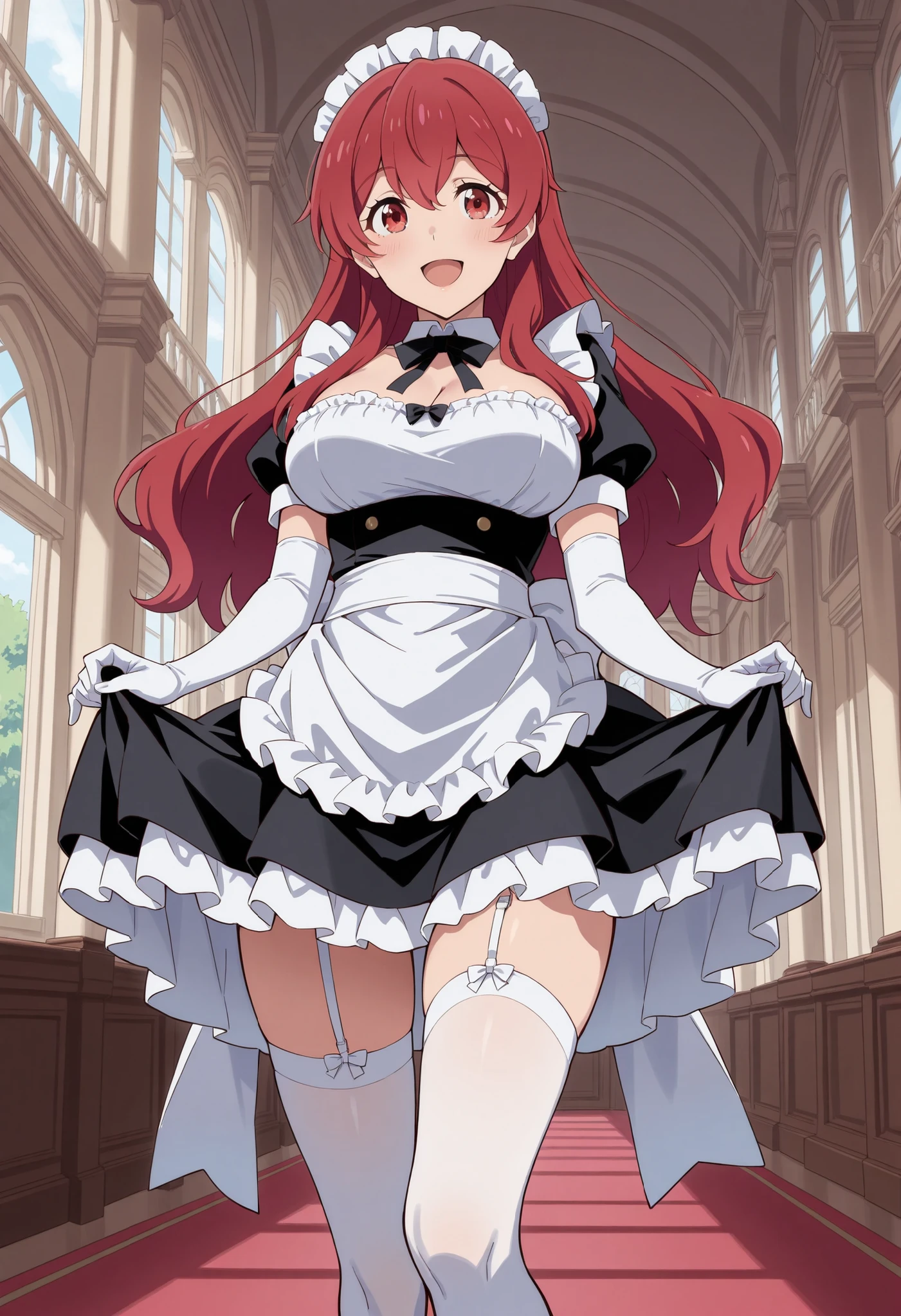 nishikino_maki, <lora:maki_v1:0.8>, 1girl, solo, anastasia (idolmaster), idolmaster cinderella girls, purple eyes, shorts, short hair, red hair, MaidSirius, 1girl, breasts, sirius_(azur_lane), solo, underwear, panties, cleavage, large_breasts, looking_at_viewer, side-tie_panties, dress, lying, choker, short_sleeves, hair_between_eyes, pink_panties, on_back, hairband, anchor_choker, apron, clothes_lift, maid, blush, frills, thighhighs, open_mouth, collarbone