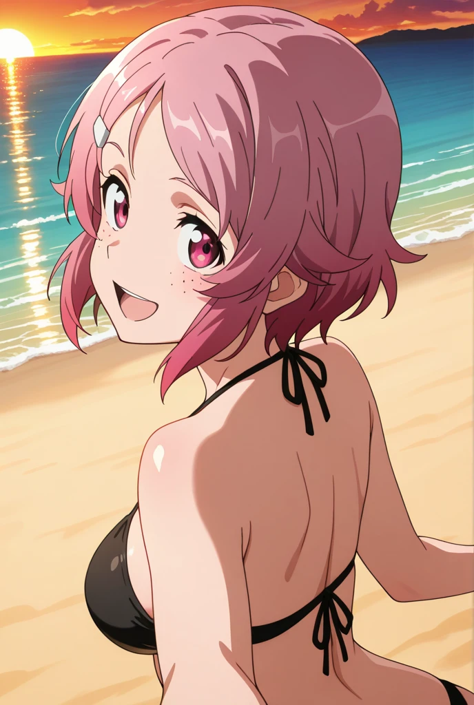 gorgeous,a cutegirl, anime, best quality, extremely,detailed,masterpiece,cleavage,perm,Pink hair, Short bob,8K, best quality, ultra detailed, extremely CG illustration, brown eyes,upward glance, (beautiful detailed eyes:1.1), 1girl, shiny hair, happy, shine pupil, cute face, soft smile, smiling, kawaii, strong woman, cleavage, (young,18 years old),(Black bikini),beautiful sea, beautiful sky,from above, looking up,Show your armpits,