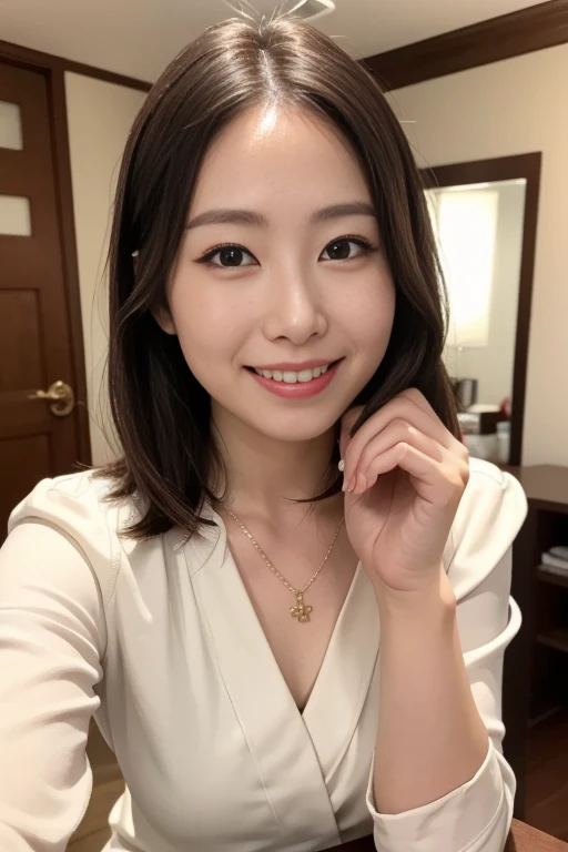 ((Highest quality)), ((masterpiece)), (detailed),Perfect Face,Japanese,Fair skin,Upper Body,Long Hair,Office Lady,Women's Ana Style,smile,Cleavage,blouse,Mature Woman