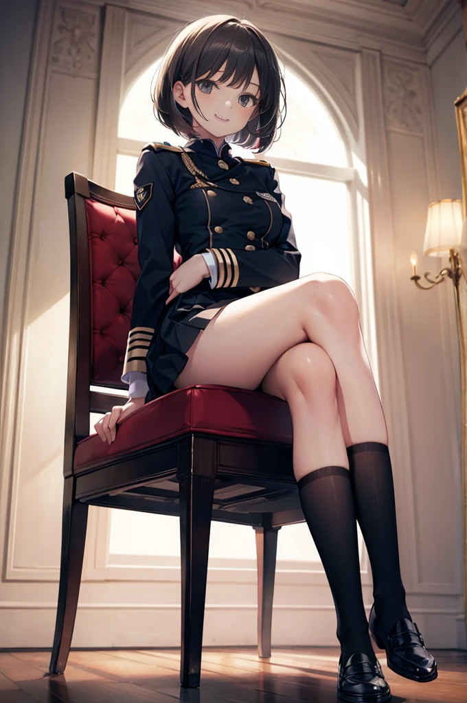 (masterpiece), 4K,woman,I have a pen,Long-sleeved military uniform,Small breasts,Small Ass,Bobcut,Light bulb lighting,Realistic, skinny, Garter Stockings,smile,Sit in a luxurious chair,((Knee-length pencil skirt)),
