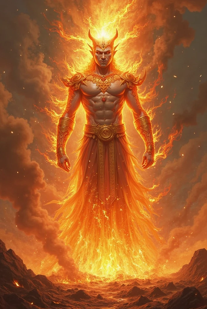 A powerful, elemental god wielding a fiery torch, standing amidst a realm of eternal transformation, with molten lava, blazing volcanoes, and a backdrop of cosmic rebirth, symbolizing the cycles of change and renewal.