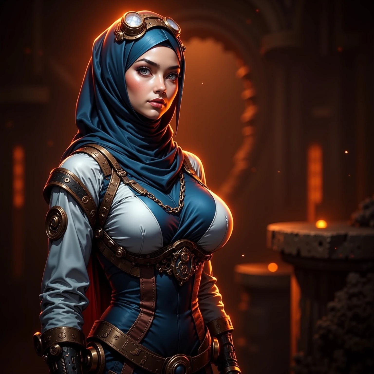 steampunk style, best quality,ultra-detailed,busty Malaysian woman:1.1,energetic,athletic,hijab,huge breasts,small field scientists outfit,investigates a forgotten gateway of time and space, ruins of Atlantis, adventur, danger, seductionportrait,sharp focus,vivid colors,warm color tone,lens flare,studio lighting