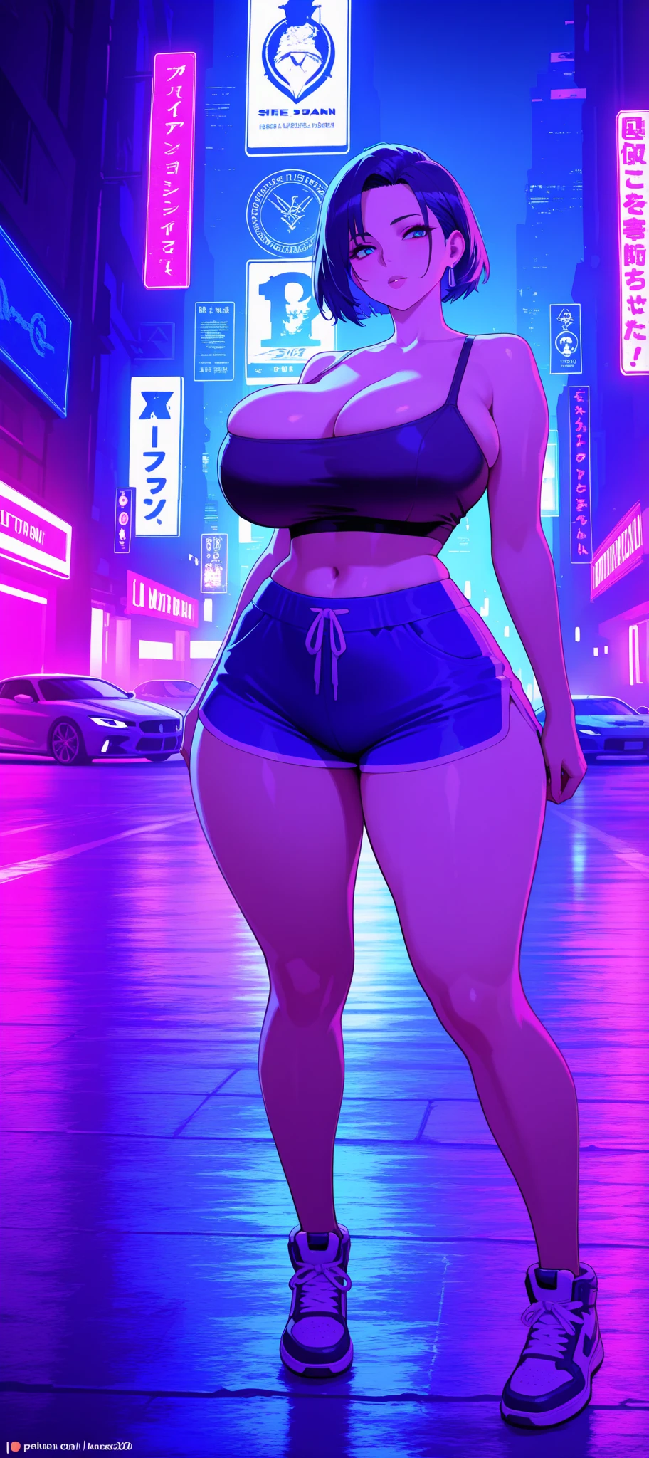 (blank background), (((full body framing))), standing, (masterpiece), (best quality), huge girl, (muscular girl:0.8), (thin hair:1.7), (long blue jeans), massive breast, Mohawk hairstyle:1.4, sport bra, pink hair, dark skin, belt under navel, blunt bangs, sneakers, (long legs:1.6), big cleavage, cute:1.8, adorable:1.8, , leather jacket,, cyberpunk girl, ear piercings, earrings, tatoo, (very curvy:1.6), (from behind), 1girl, solo