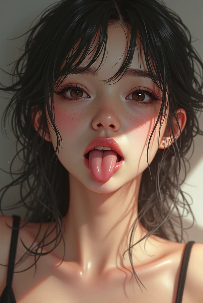 table top,,Awards - winning photos, very detailed, focus the eyes clearly, nose and mouth,face focus, woman with open mouth and closed eyes, ((Bunny girl))、35 years old,black haired、symmetrical face,realistic nostrils、angle from below、elongated C-shaped nostrils,,,,,,,,,,,,,,,,,,,,,,,,,,,,,,,,,,,,NSFW,white background、sweaty skin、Lighting that emphasizes the skin that shines with sweat、((hook nose))Skin shiny with sweat、shiny skin、(wet and shiny tongue)