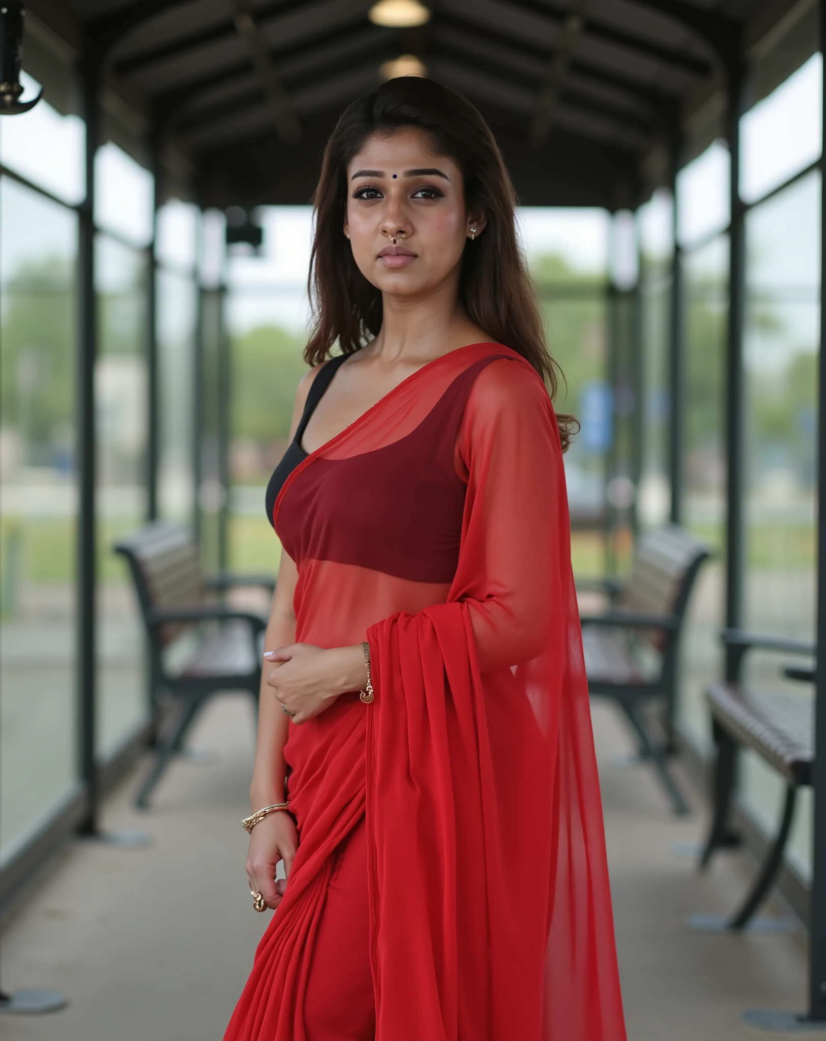 Generate a ultra realistic close up front image of a woman in a black bra and red transparent saree and medium heel sandal, she is standing in a bus waiting shed alone showing her naval and cleveage her breast size is 36 and her bootty size is 36 and her height is 157 cm