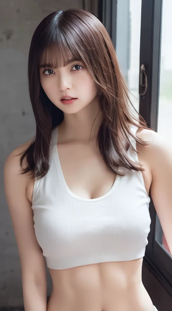 masterpiece, best quality, ultra-detailed, intricately detailed hyperdetailed, realistic, sharp features, highly detailed, sharp focus, perfect face, perfect face, perfect symmetrically perfect eyes, perfect full lips, flexible female form, cinematic, film light, hyper detailed, hyper realistic, high resolution, smile, happy, light brown hair, asymmetrical hair, asymmetrical bangs, messy hair, attractive pose, skinny gravure idol, gravure idol, pleated skirt, close up, (wearing clothes:1.3), natural lighting, black leggings, lifting skirt, dynamic pose,