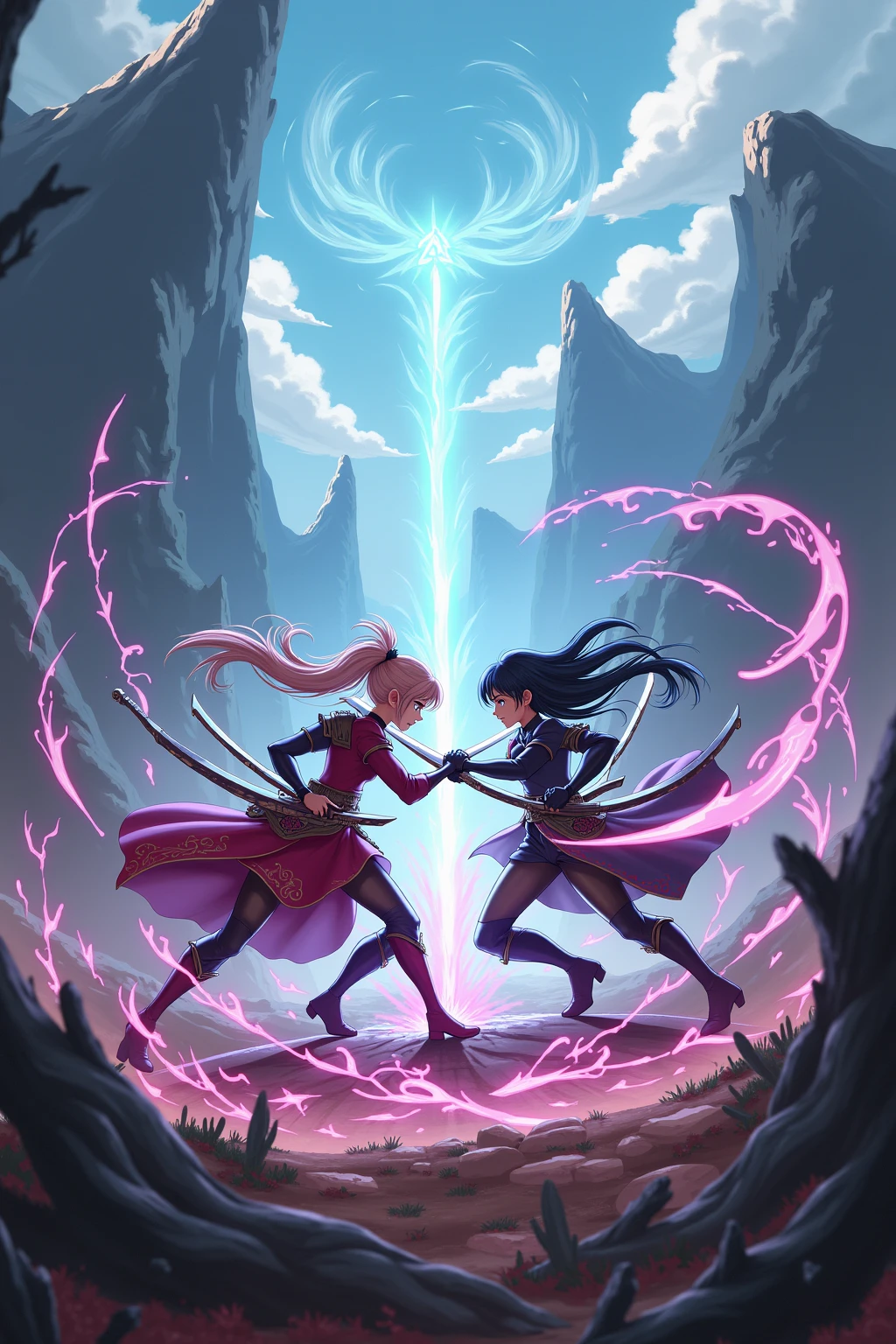 a high-definition, 8k masterpiece that features two attractive adult swordswomen. One of them is Connie Maheswaran, aged 25, dressed in a blue and white striped halter top and black microshorts, wielding a large pink sword with grace. The other is Narmaya from Granblue Fantasy, clad in a sleek black dress and white coat, her hand gripping the hilt of her katana.
They are facing each other in an intense duel under the moonlight, their swords clashing with powerful impact frames. Picture them standing on a field, their competitive smirks adding to the tension of their sparring match. The scene is focused on them; their perfect bodies, hands, faces and eyes gleaming under the atmospheric lighting.
Visualize this scene as it would be in Blazblue style: raw sensuality meets hyper-femininity amidst incredibly sharp absurdres and gradients. Deep highlights accentuate their cleavage cutouts and extremely detailed swords while motion lines portray the fast-paced action.
The artwork should be full-bodied with cel-shaded characters against dynamic scenery. It's an exciting battle art splash filled with cool tones and rich atmospheric shading that captures every detail of the action choreography from dynamic angles and perspectives.
Think about how you can use intense lighting effects to highlight key visuals and create dynamic lines of action. This prompt calls for amazing quality that combines fun with excitement through its intricate details and motion elements