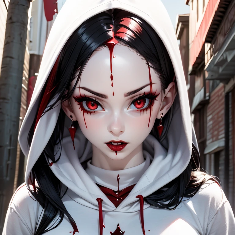 Create a hauntingly beautiful rebellious vampire girl with pale grey skin and deep red lips showing (2 vampire incisor fangs pressed against her bottom lip) wearing modern urban clothing (hoodie(plain, no print:1.5), crop-topshirt(plain, no print:1.5), hip-hop style). Envision her with the elegance reminiscent of a modern-day masterpiece, embodying both allure and strength. Picture her as a blend of a vampire with mesmerizing red eyes and (2 sharp fangs protruding from her mouth and pressing against her bottom lip), akin to the allure of the night. Adorned in modern casual clothing, she emanates an aura of mysterious power. Her figure should dominate the artwork, depicted in a captivating stance as she locks eyes with the viewer, her crimson aura intertwining with the shadows that envelop her. Let her essence be defined by the ethereal fluidity of darkness, each detail meticulously crafted to convey the majesty of her vampiric prowess. Absurd resolution, top quality, and high detail are essential to capture the essence of this mesmerizing scene, 8K, full face:1.5, vibrant, powerful, (captivating eyes:1.2), captivating gaze, long hair, 1girl, (half body:1.3), insane details, (half-body:1.3), sexy, Realistic, RAW photo,(masterpiece:1.3), (best quality:1.3), official art, Super Detailed, High Detail, Soft Lighting, 8K, High Resolution, High Detail Skin, Perfect Skin, RAM Photo, Real Photo,
