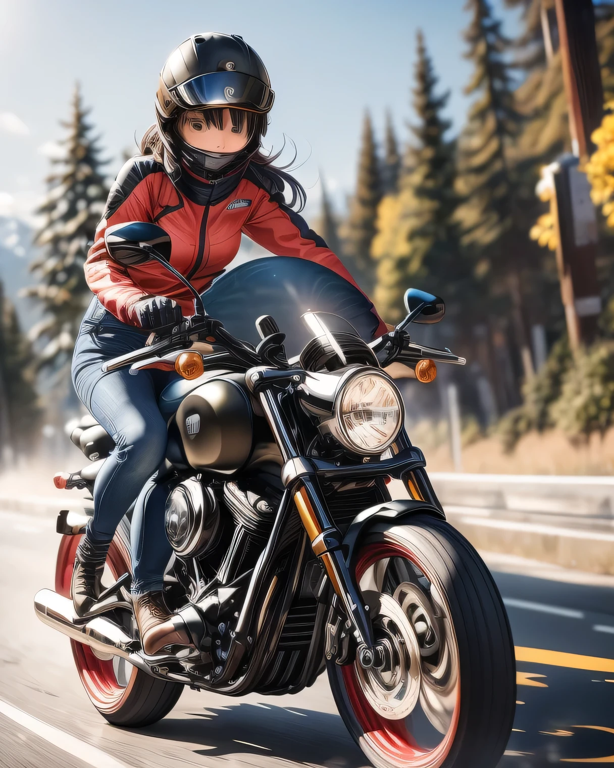 ((( Masterpiece:1.3, Best Quality, hight resolution, nffsw, Perfect Pixel,  4K, nffsw, nffsw))), 1girl in, Off-road motorcycle driving on spring country roads、18-year-old girl、jet helmet、((December scenery, white Christmas, softly falling snow, she drives carefully along the national highway)), She has both hands on the handlebars, she's low to the ground, she's cornering great.