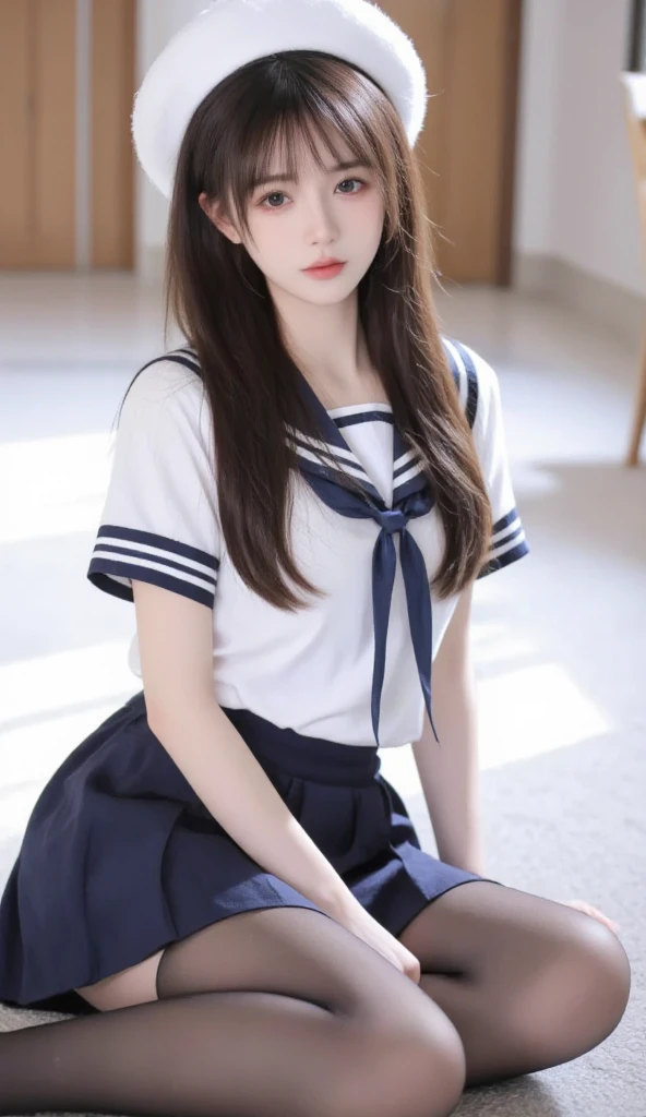 masterpiece, highest quality, 8K, 15 years old , RAW photo, disorganized, award-winning portraits, alone, noon, idol face, delicate face, Digital single-lens reflex camera, looking at the viewer, shy smile、shame、flushed cheeks、thin arms, small breasts, nipples, small ass、thin waist、Frank, Sophisticated, like々New, thin arms, professional lighting, film grain, black eyes, chromatic aberration, (detailed eyes and face:1.0), (Bokeh:1.1),(hyper pretty face:1.3),(medium black hair:1.4), japan school student sailor uniform, (pleated mini skirt:1.3), white blouse and school ribbon,  (cute panties, high detailed, pale color:1.4), above the knee, (angle from front:1.3), hair blowing in the wind