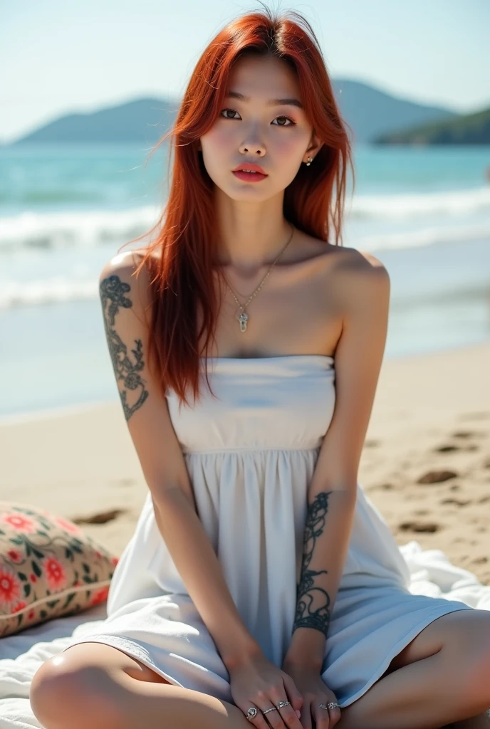1girl, solo (solo:1.2), beautiful girl (30 years old), MILF, cute smile, beautiful face, blue eyes, sunglasses, scenery beachside, long hair, pink hair: 1.2, long hair, bangs, flower hair ornament, hair pin, hair bun, off-shoulders, bare shoulders, (full-body), looking at viewers, (elegant Bikini:1.4, pattern, white color), Big Breasts:1.1, oversize breasts, perfect full breasts, highest quality, ultra-detailed, hyper detail face, detailed face: 1.2, round breasts, irezumi tattoo style, tattoo on breasts, tttattoo