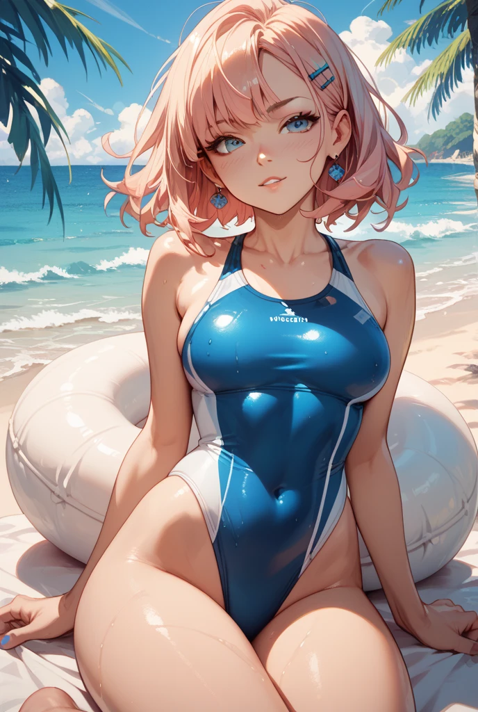 A pink haired woman with violet eyes with an hourglass figure in a cute one piece swimsuit is laying on the beach