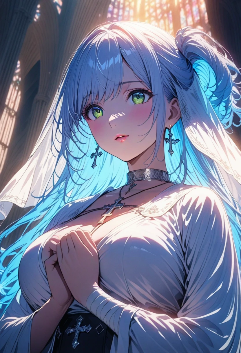 (Masterpiece), (Best Quality), (Extremely Detailed),(Illustration), (1 Girl), (lingerie), Standing, Looking at Viewer, (Interview), (Simple Background) ,Beautiful, detailed eyes, delicate beautiful face, floating, (high saturation), hair. Girl, anime waifu, looking at viewer, highly detailed, reflections transparent iridescent colors, long transparent iridescent RGB hair, beautiful holy girl, best quality, extremely detailed, sexy, (big breasts:1.2), waifu,