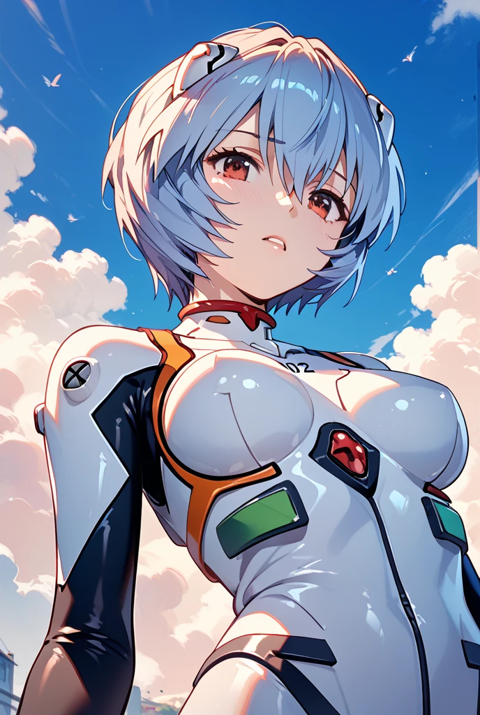 Rei Ayanami with sagging breasts, exposed naked. Facing forward. paizuribreasts blowjob, breast squeeze,