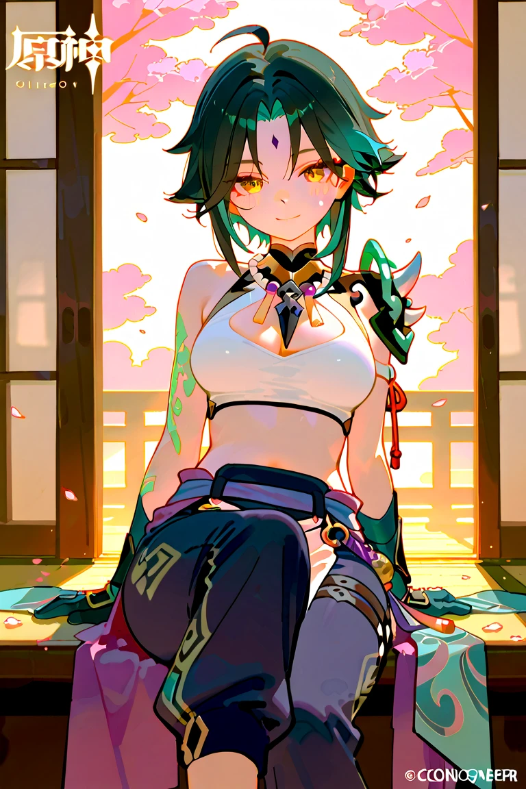 (masterpiece, highest quality),Also:zero, 1 girl(blue hair, short hair, bangs, Green and yellow eyes) , hair between eyes, hair flower, side lock, cleavage cutout, side boob, looking at the viewer, dynamic pose, smile,happiness, Super detailed, super beautiful girl，（Palazzo pants, Match with crop top, platform sandals），（big breasts),(shoulder)，(belly button),big and bright eyes，Front view,smile,