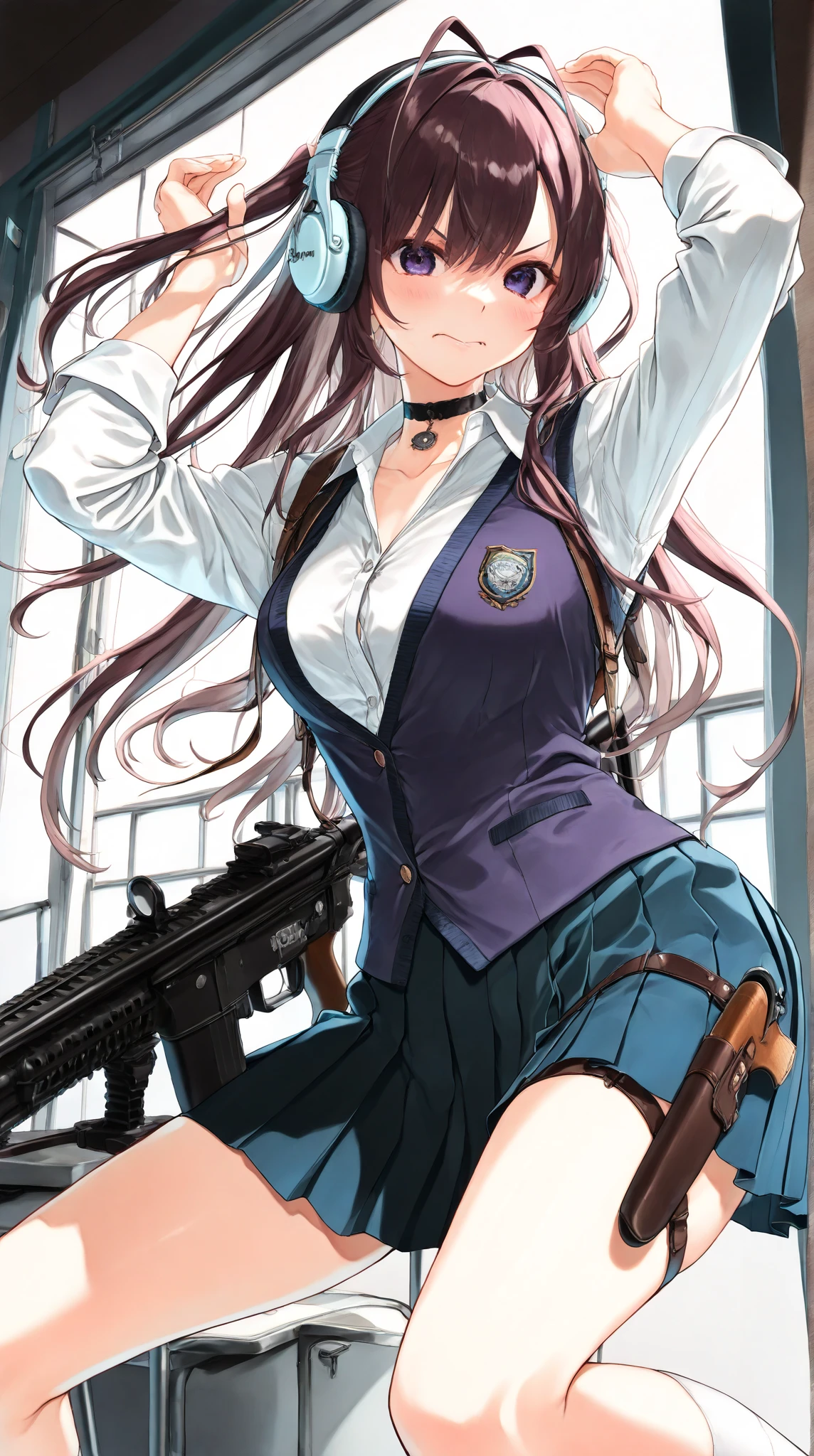 ((best quality)), ((masterpiece)), (detailed), perfect face, textured skin, ((super detail)), high quality, high details, Female gunman, samurai, holding a handgun, High school girl, summer uniform, short-sleeved shirt, light blue ribbon on chest, knee-length skirt, after school, brown hair, absurdly long hair, hair spread out, Leaning against the wall and looking up at the sky