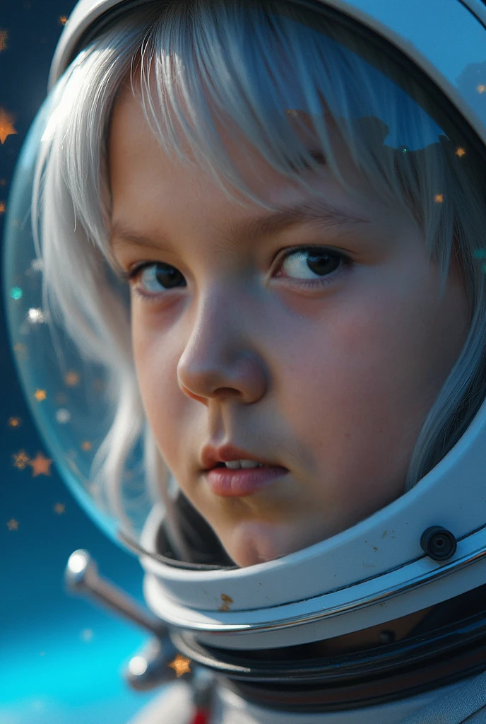 em frente a uma luz azul e verde, BEAUTIFUL RUSSIAN GIRL CHILD BLONDE HAIR , olhos brilhantes, olhos perfeitos, 10 anos. numa superficie lunar, com roupa de astronauta