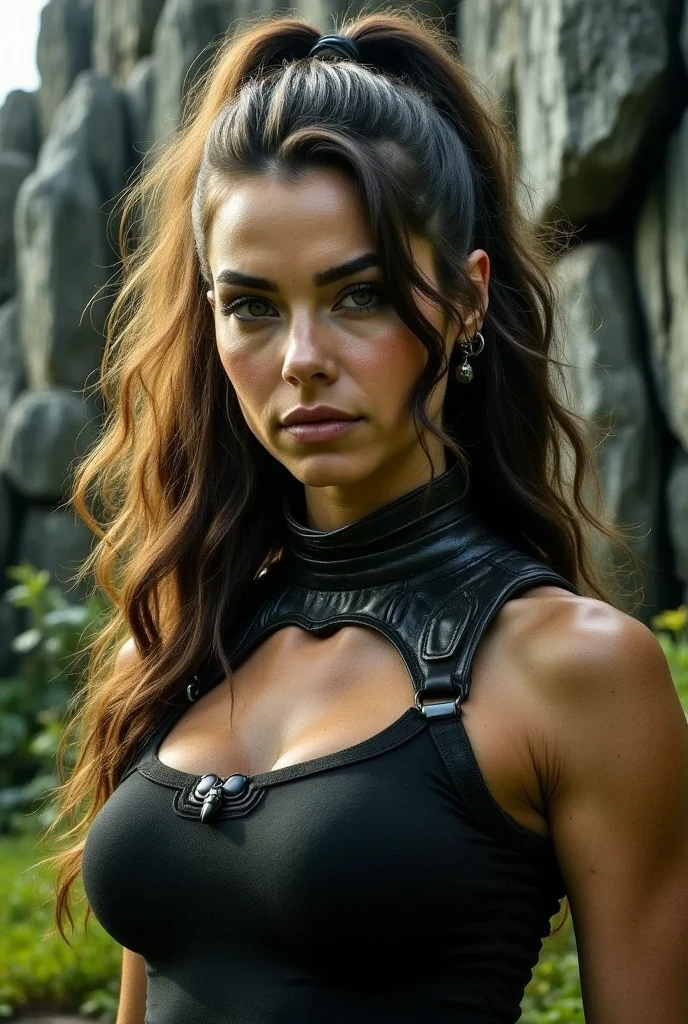 athletic black clean shiny wet oily latex wet Lara Croft black leather medieval style ,in a dense misty mysterious jungle,wearing red color high heels,full body portrait,closeup,ultrarealstic ,tight thigh, deep cleavage,big 