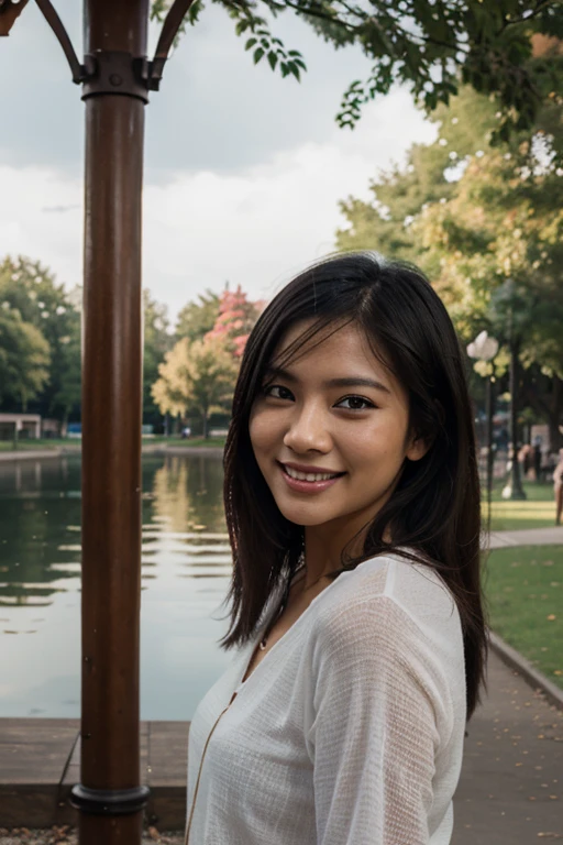 A beautiful woman with smooth white skin, Asian, laughing, cheerful, happy, wearing a white t-shirt, blue jeans, carrying a large camera, looking expensive, sitting on an old wooden boat. Watch fireflies in the canal at night. Fireflies are insects that glow. Fly low. Dim moonlight filters through the clouds. Soft moonlight. A dark night. Thick, black clouds. Only the fireflies glow slightly. that fly back and forth to that area There is a reflection in the water. In a canal with calm water like a mirror, Thai landscape, 32K high resolution.