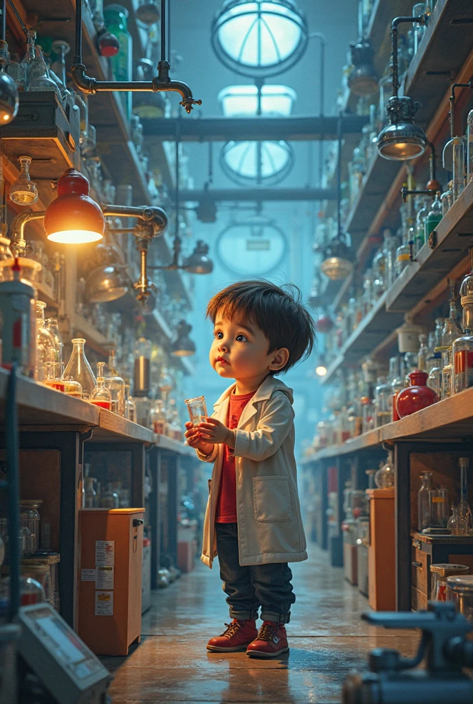 A boy who sees the laboratory equipment but does not take it