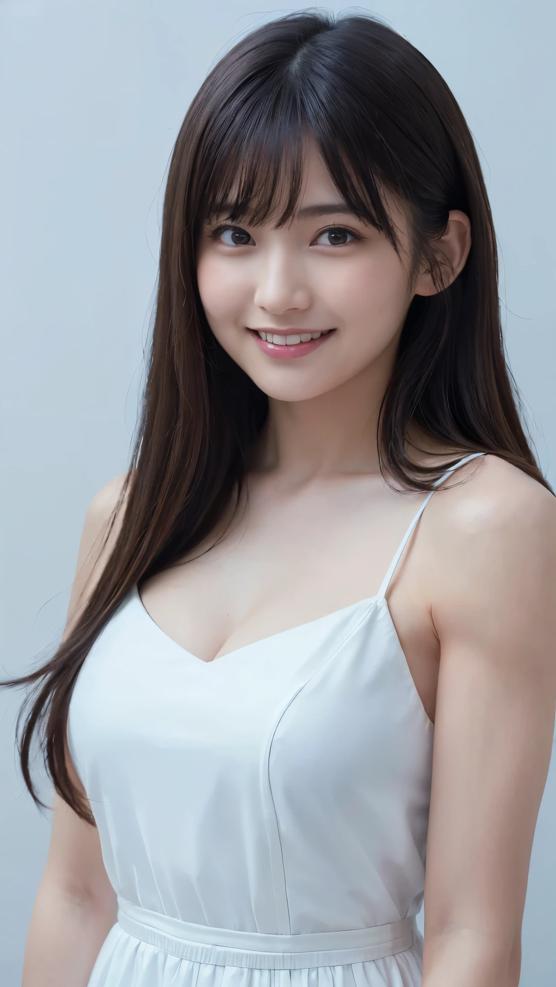 Highest quality、Natural Lip、Fair skin、Great light、Beautiful lighting、((Straight hair))、((ponytail))、((Black Hair))、Blunt bangs、Off the shoulder、Large Breasts、Large Breastsの谷間、(((White Crop Top、mile、かわいいsmile、White background、