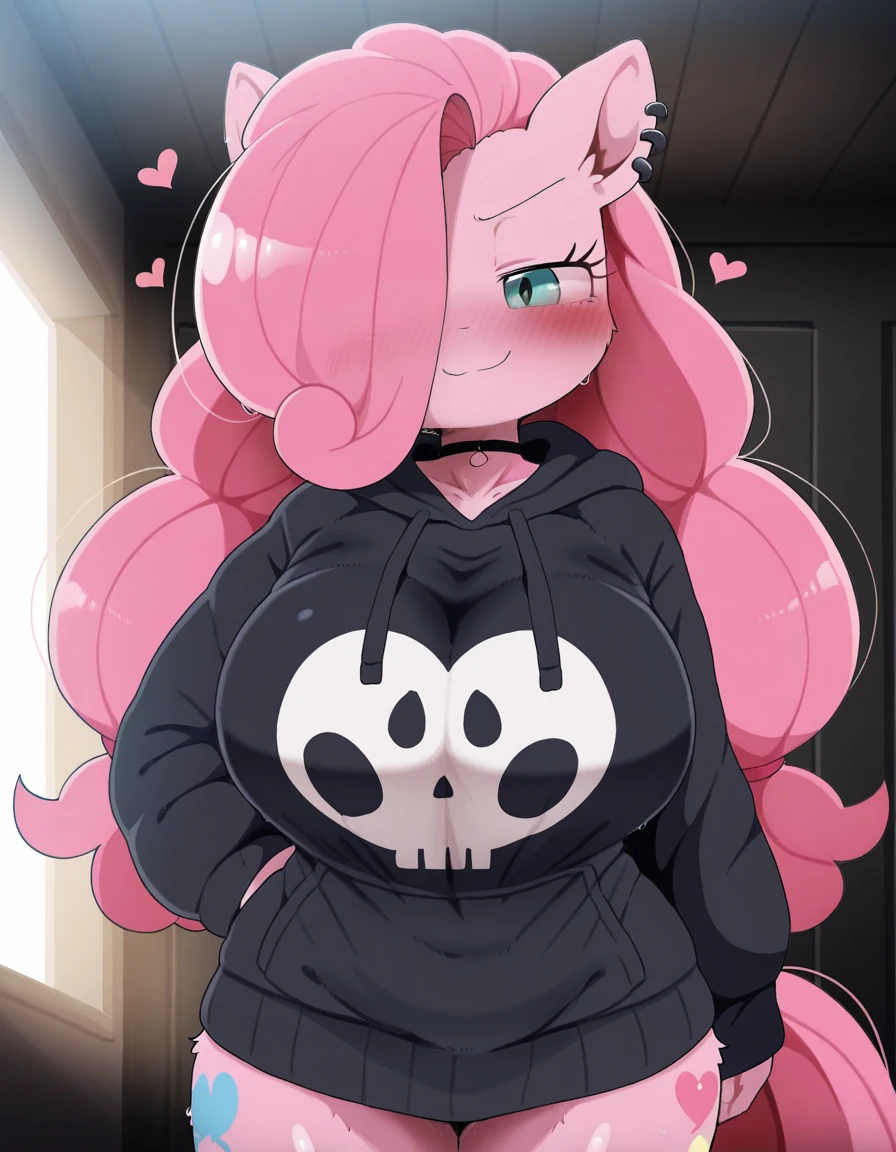 score_9, 2000s emo, cowboy shot, 1girl, solo, raphtalia, brown hair, long hair, blank eyes, raccoon ears, skinny, (huge breasts:1.4), black t-shirt, bottomless, print panties, striped thighhighs, standing, hands up, o_o, smile <lora:ponydiffusionv6_2000s_emo:1>