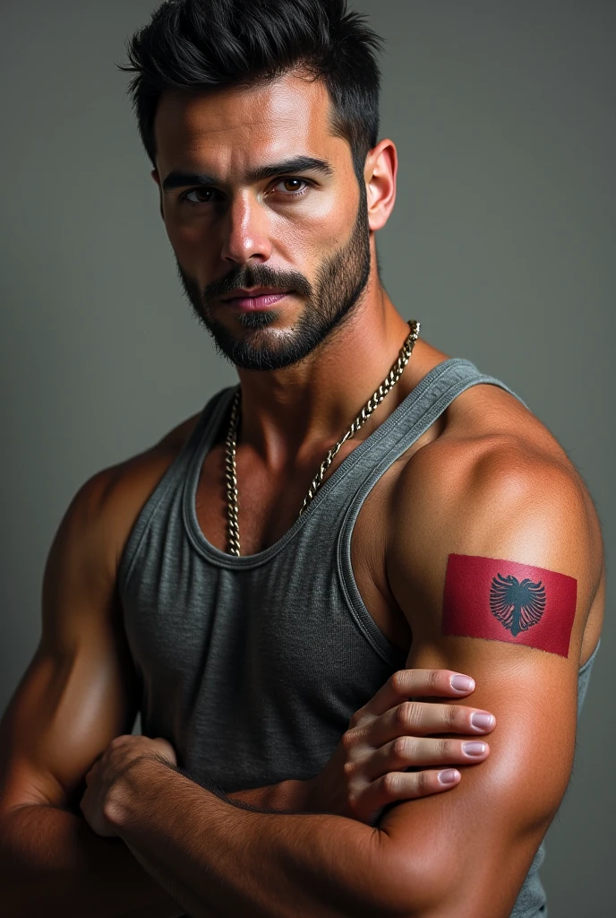 A boy with red and white hair who is muscular and has a small mole on his right cheek that has a tattoo