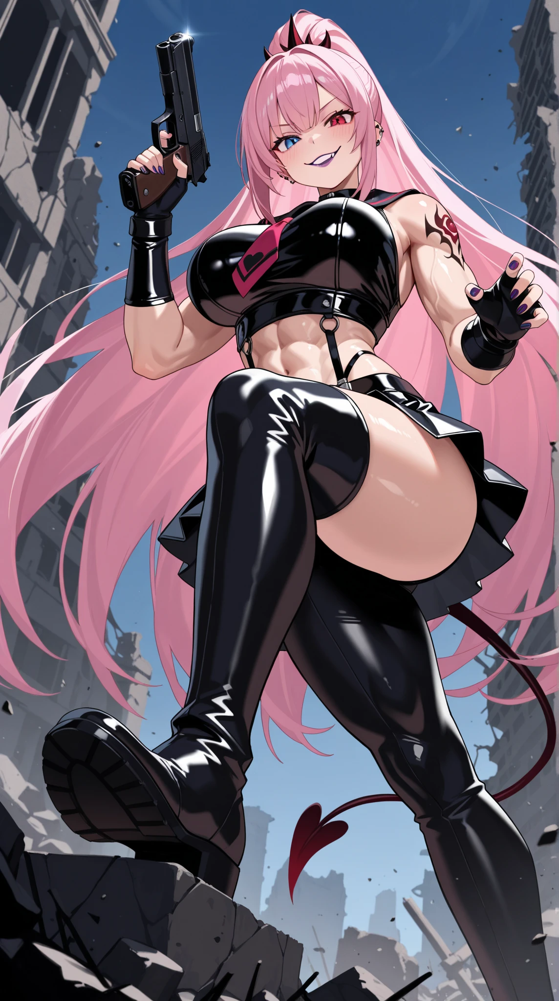 Anime, Male, (Tan Skin:1.4), long Rose pink hair, Ponytail, Green eyes , sharp teeth, Black Suit , Black pants, stuck_in_doorway ,hyper_hips