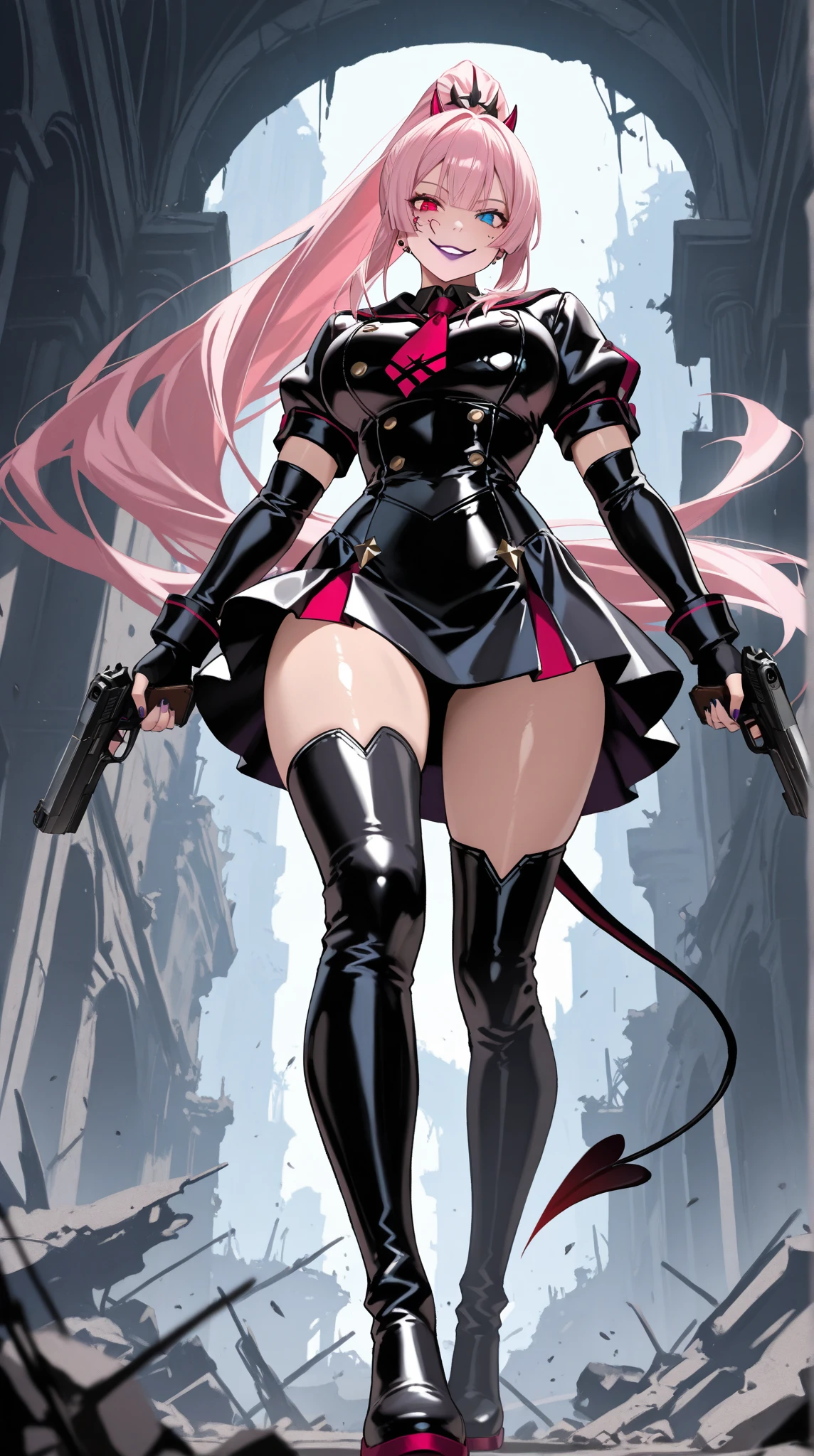 best quality, super fine, 16k, incredibly absurdres, extremely detailed, delicate and dynamic, beautiful female warrior, rainbow braided ponytail, cool and attractive look, metallic red eyes, amazing proportions, translucent iridescent reinforced bodysuit, future punk, background ruined city