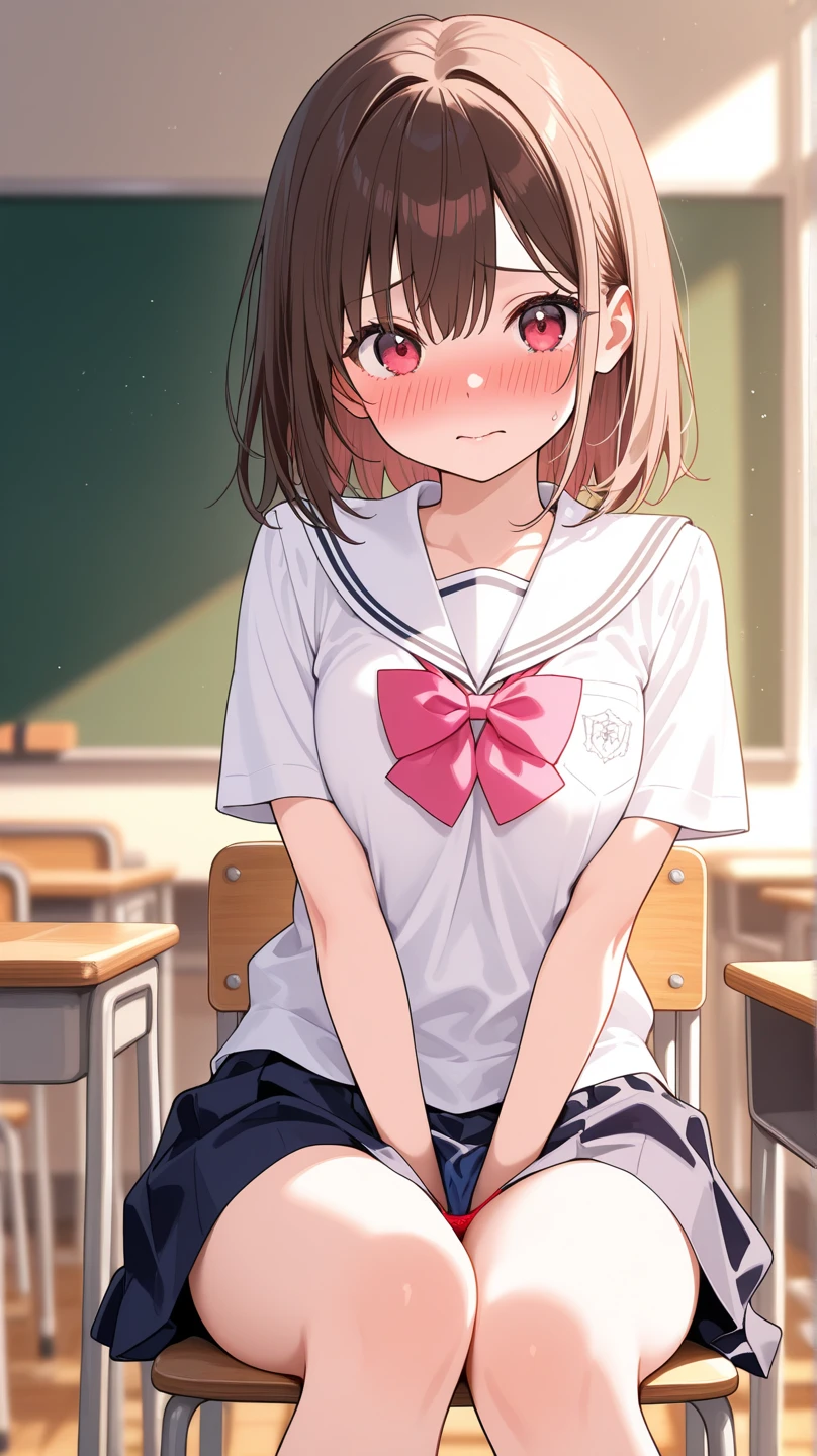 nsfw,alone, (One girl), Elementary school girl,8-year-old, ((Pink Panties)), (wearing only the top half of sailor school uniform),sexy, (Cowboy Shot), ((Put your arms behind your head)), classroom, With a girl:Her hair is long and black, Her face is round and cute, Black Hair, Low twin tails,Shy, Embarrassing,from below,from the front,(squat),