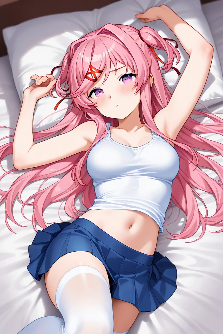 1girl, human, pale pink hair, long hair, violet eyes, wearing white tank top, XL bust, shy face, lying on a white mattress